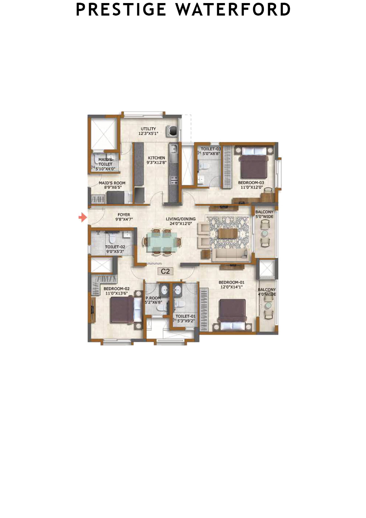 Prestige Waterford Tower 4 Unit 3 (Type C2) Floor Plan