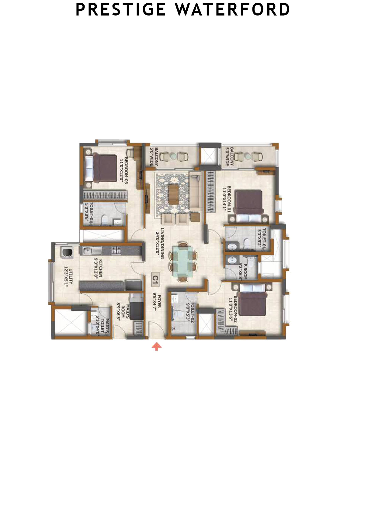Prestige Waterford Tower 5 Unit 1 (Type C1) Floor Plan