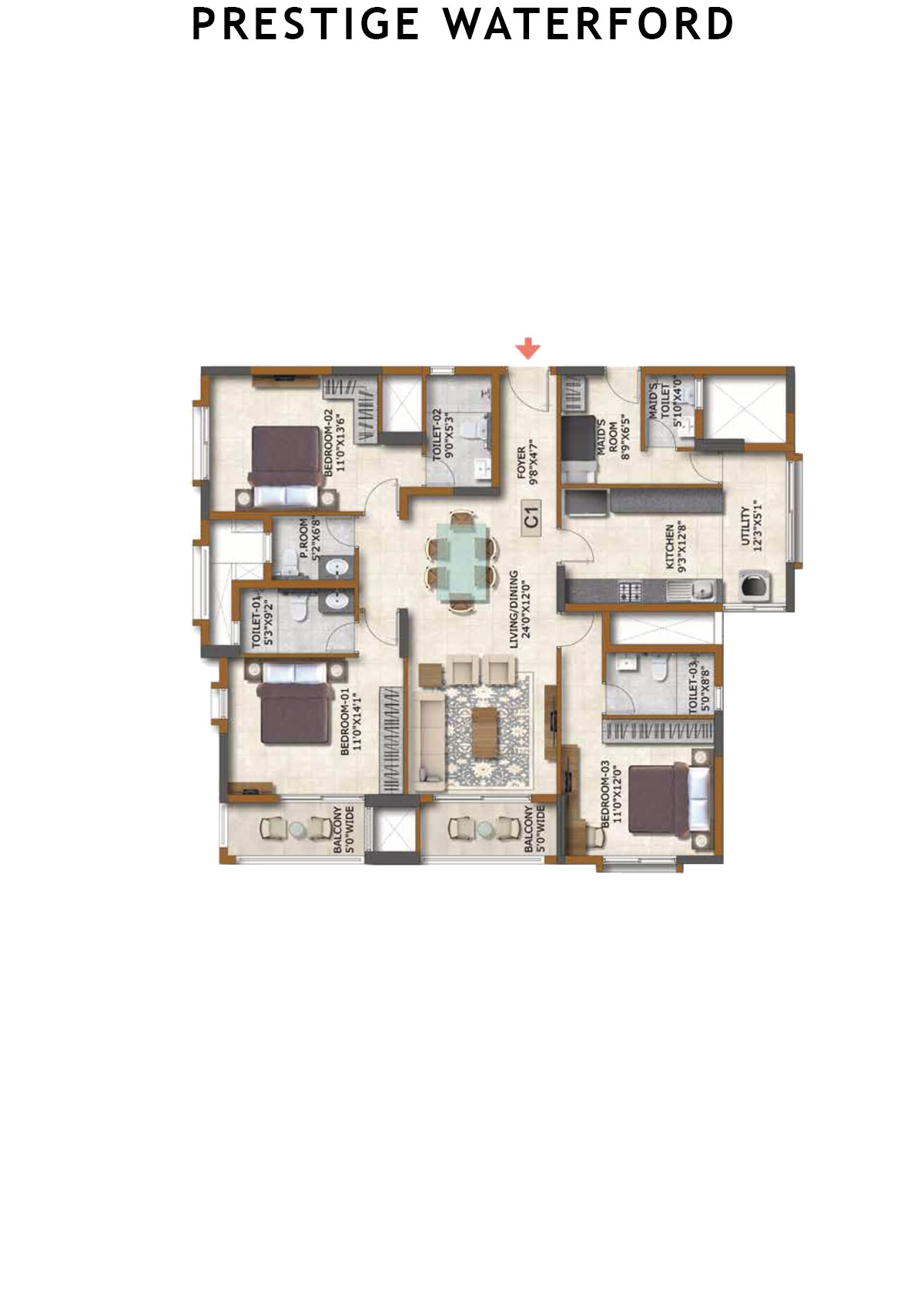 Prestige Waterford Tower 5 Unit 3 (Type C1) Floor Plan