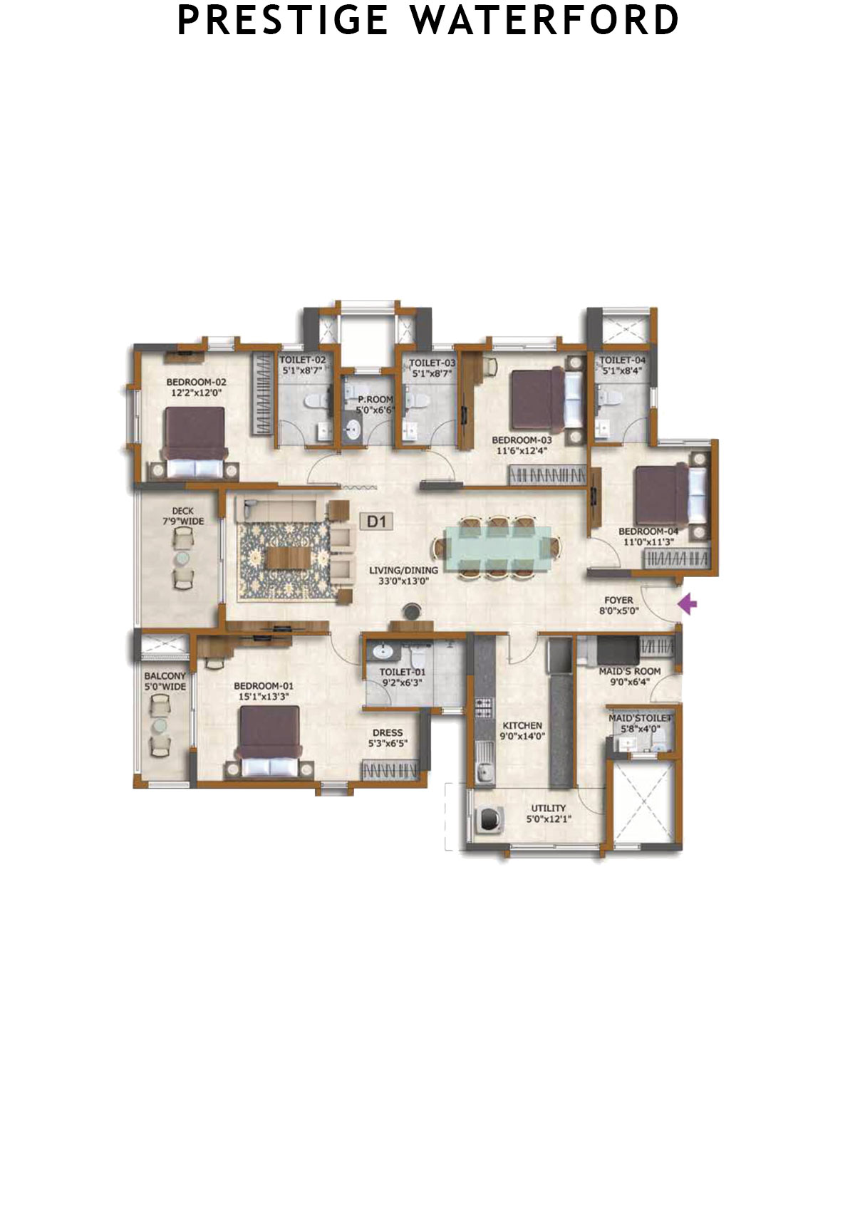 Prestige Waterford Tower 7 Unit 1 (Type D1) Floor Plan
