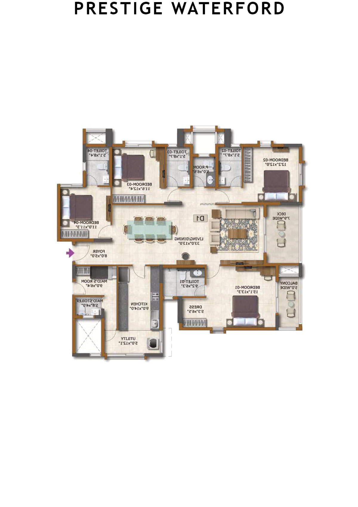 Prestige Waterford Tower 7 Unit 2 (Type D1) Floor Plan
