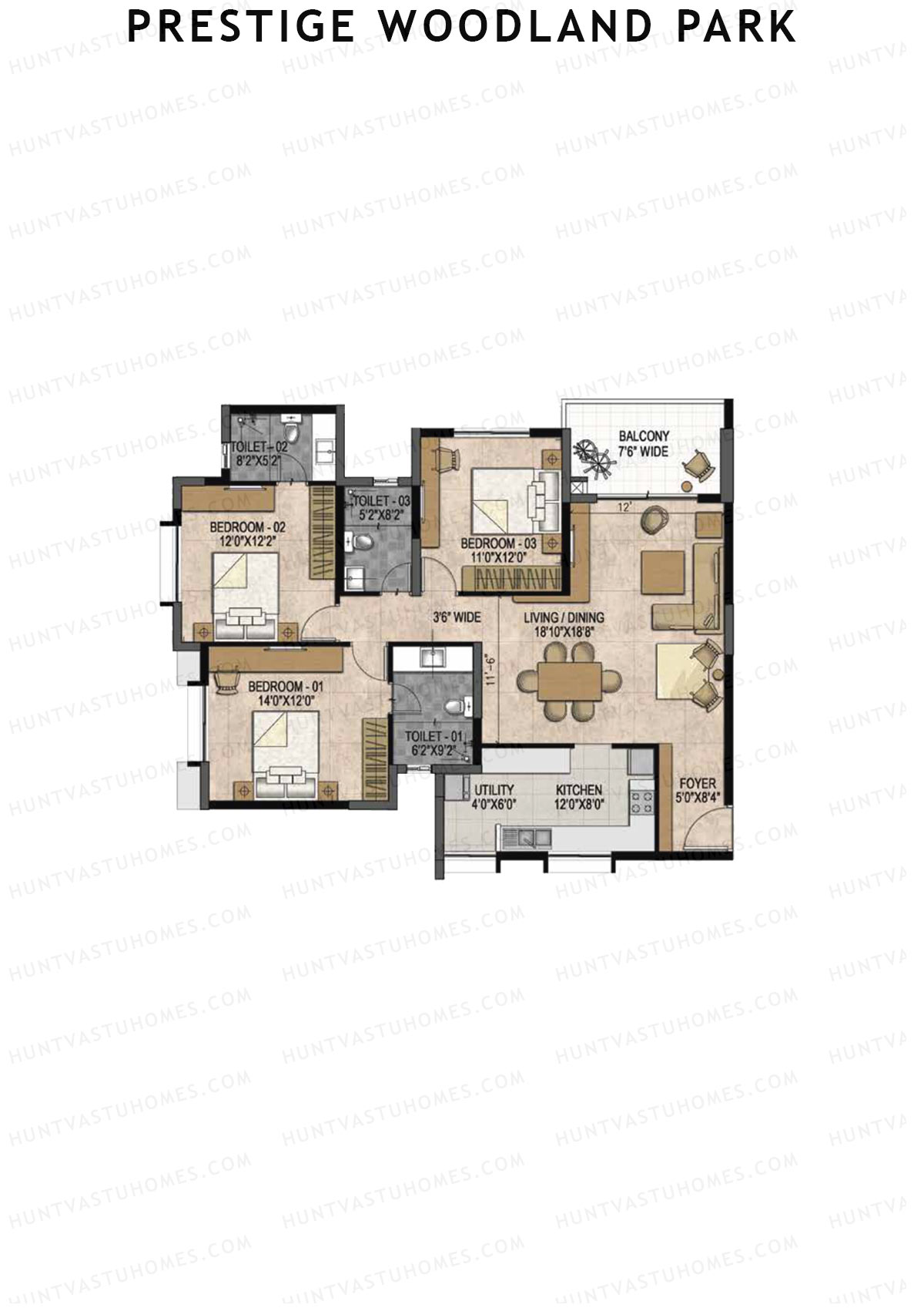 Prestige Woodland Park Tower 1 Unit 3 (Type C3) Floor Plan