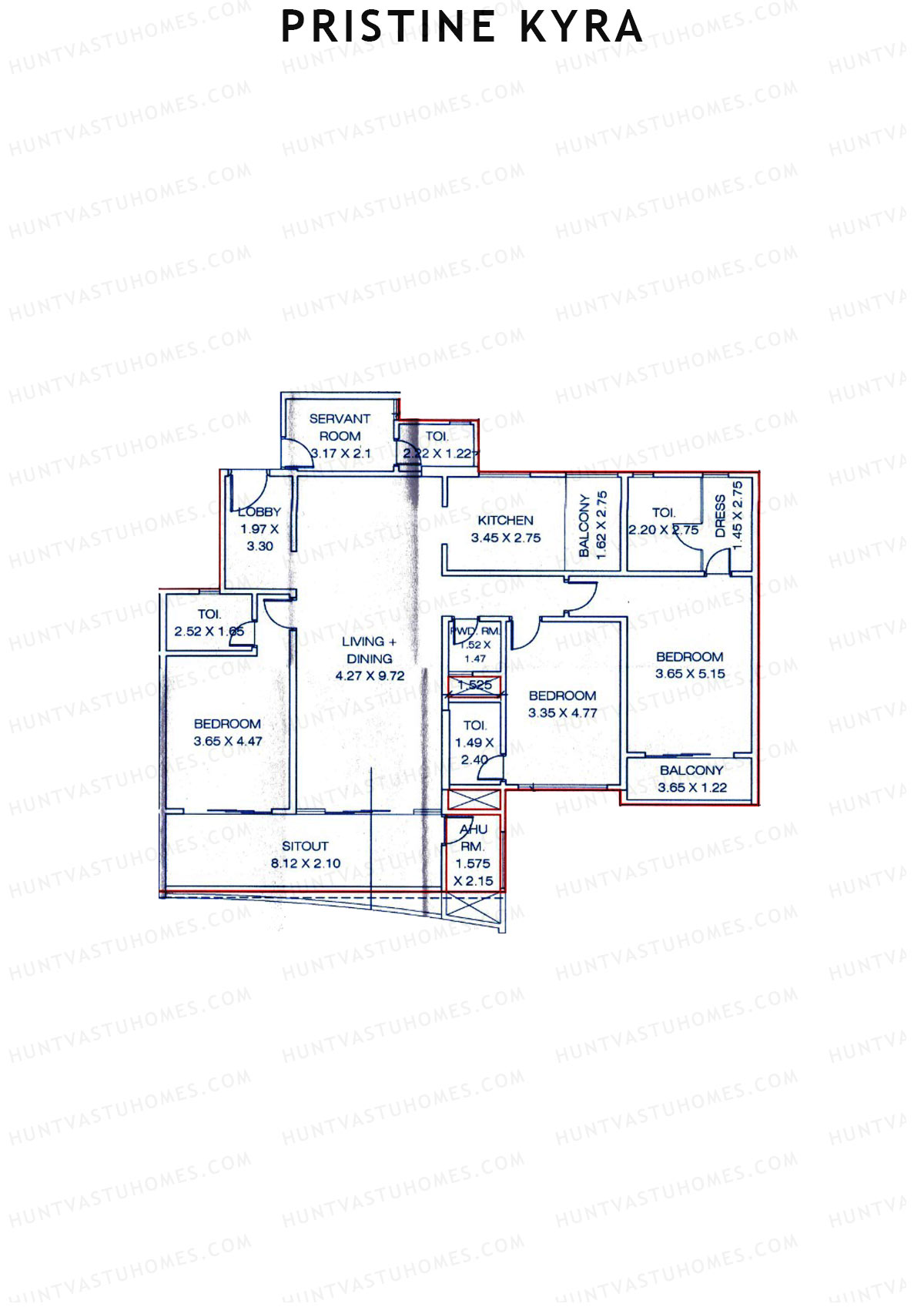 Pristine Kyra, Tower D, Unit 2, 3BHK, Carpet Area 2025   sq ft 