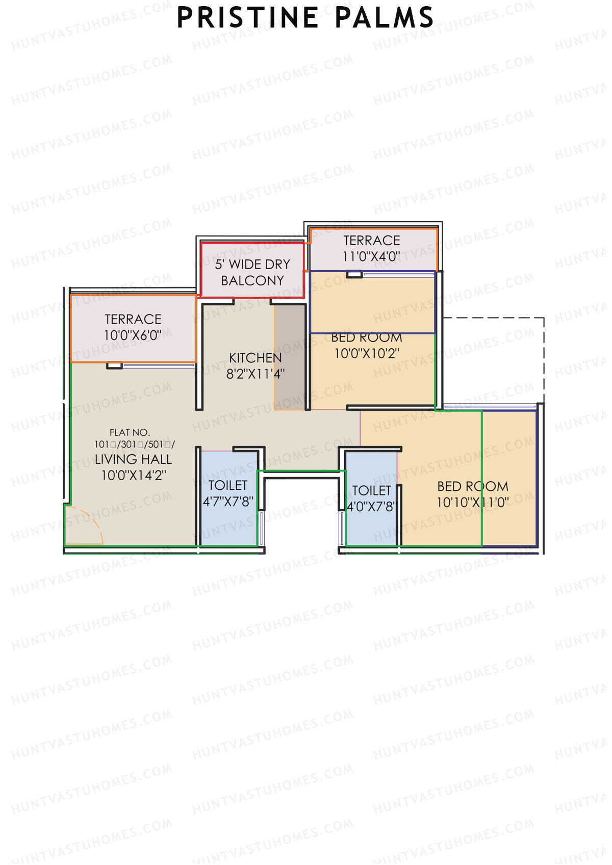 Pristine Palms, Block A, Unit 1, 2BHK, Carpet Area 490   sq ft 