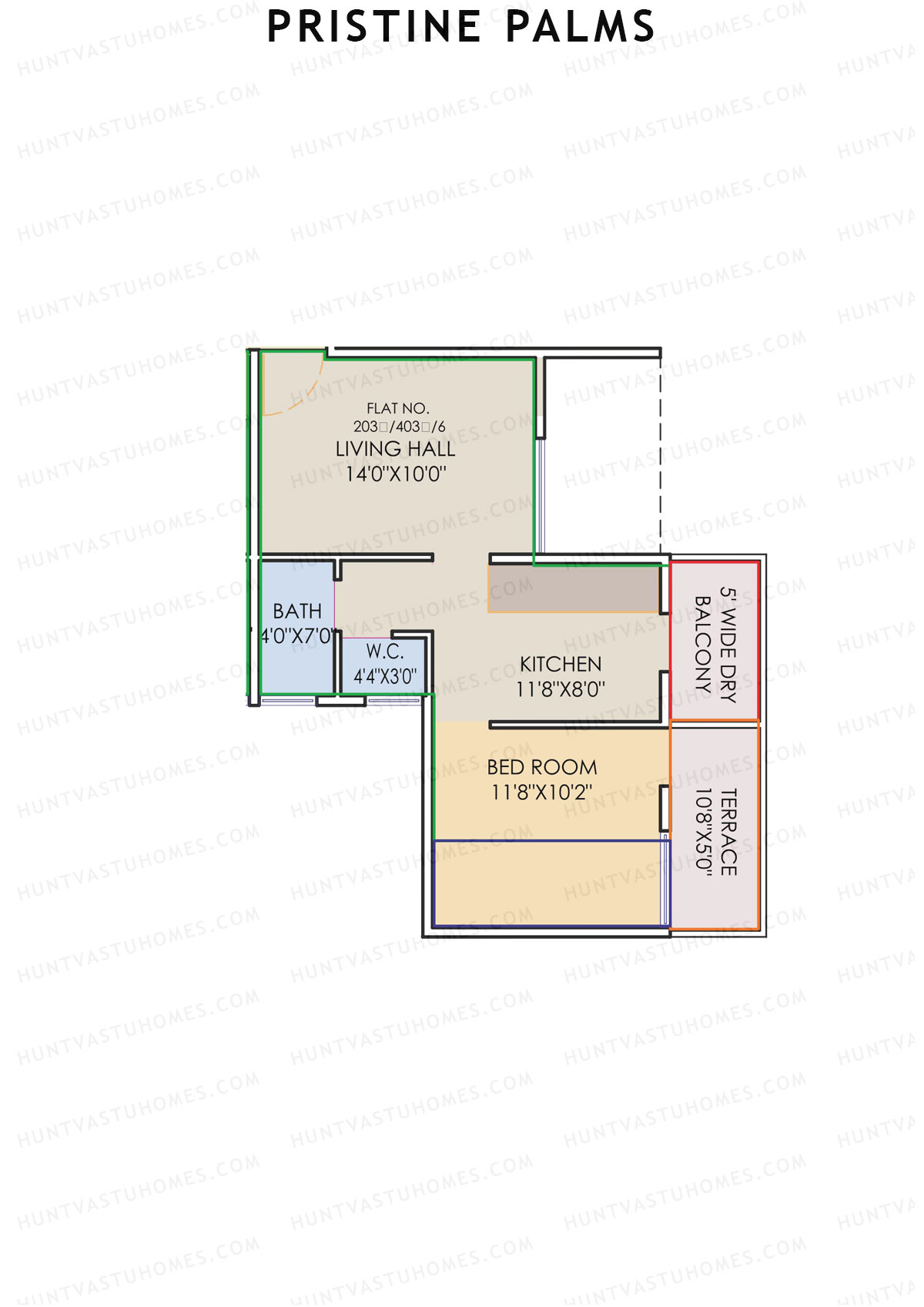 Pristine Palms, Block A, Unit 3, 1BHK, Carpet Area 374   sq ft 