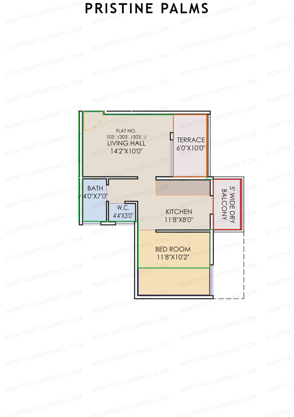 Pristine Palms, Block A, Unit 3, 1BHK, Carpet Area 380   sq ft 