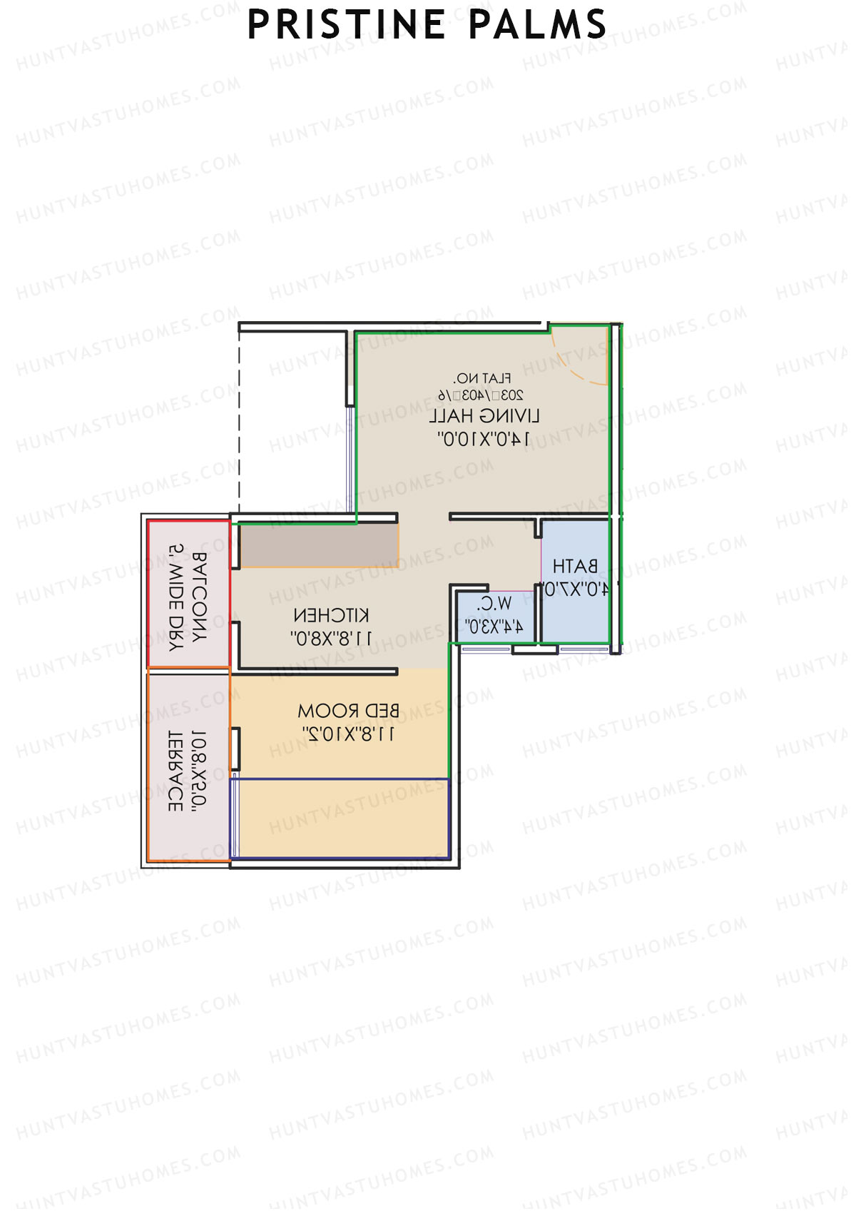 Pristine Palms, Block A, Unit 4, 1BHK, Carpet Area 374   sq ft 