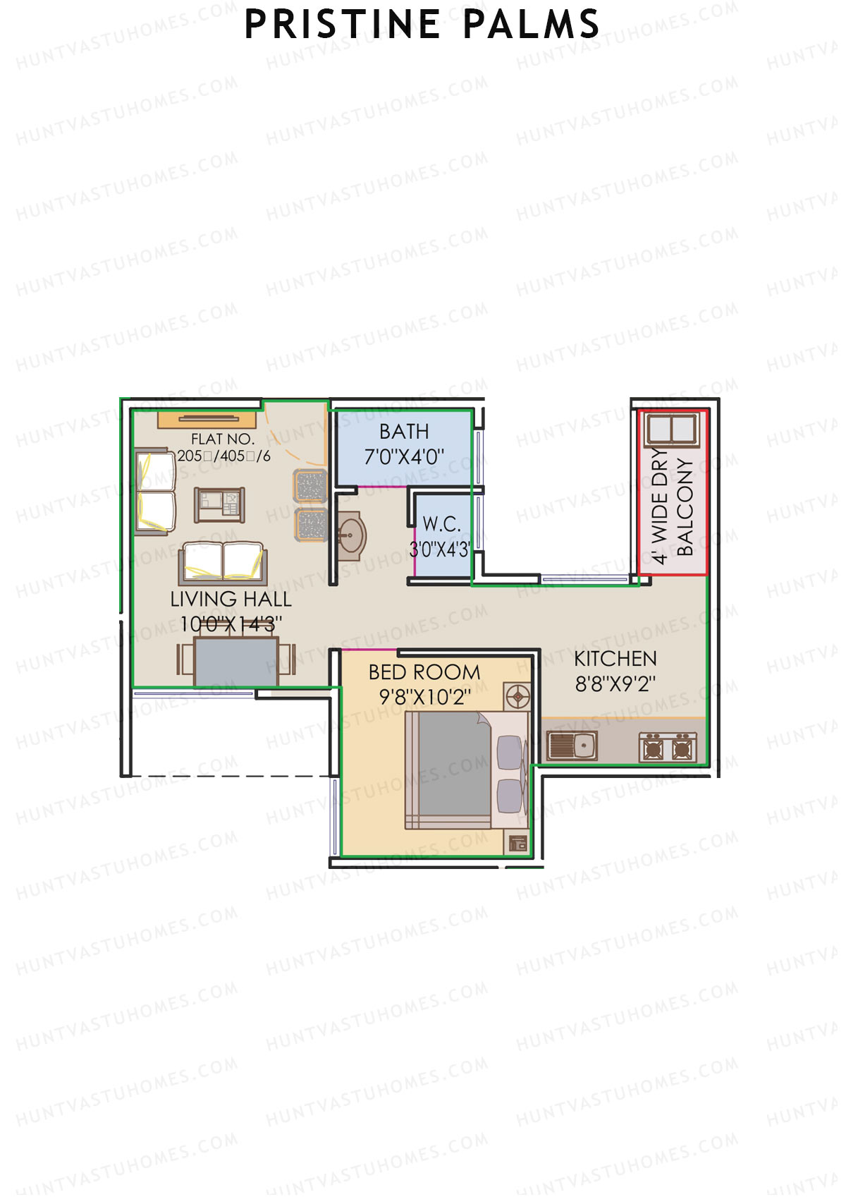 Pristine Palms, Block A, Unit 5, 1BHK, Carpet Area 418   sq ft 