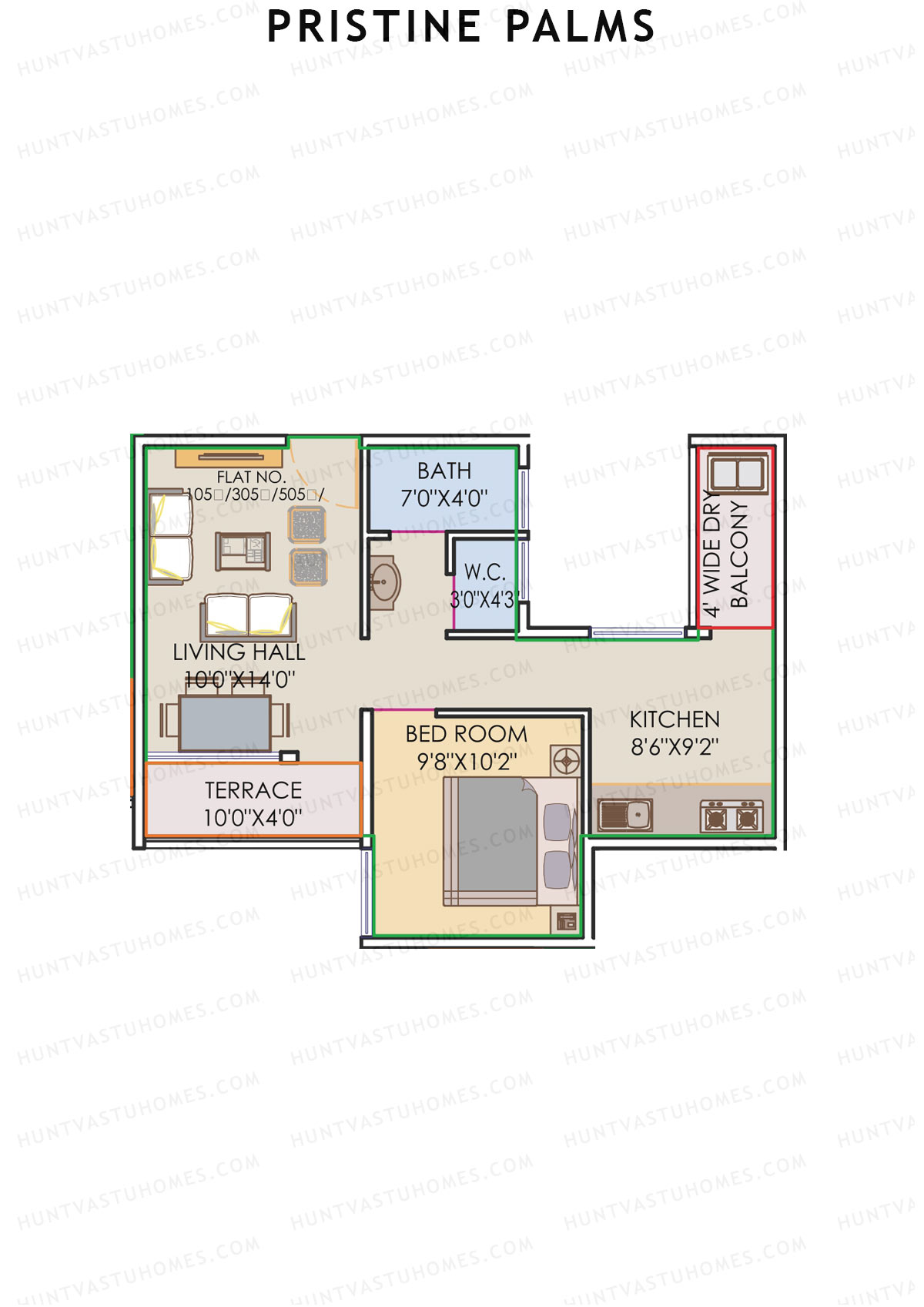 Pristine Palms, Block A, Unit 5, 1BHK, Carpet Area 425   sq ft 