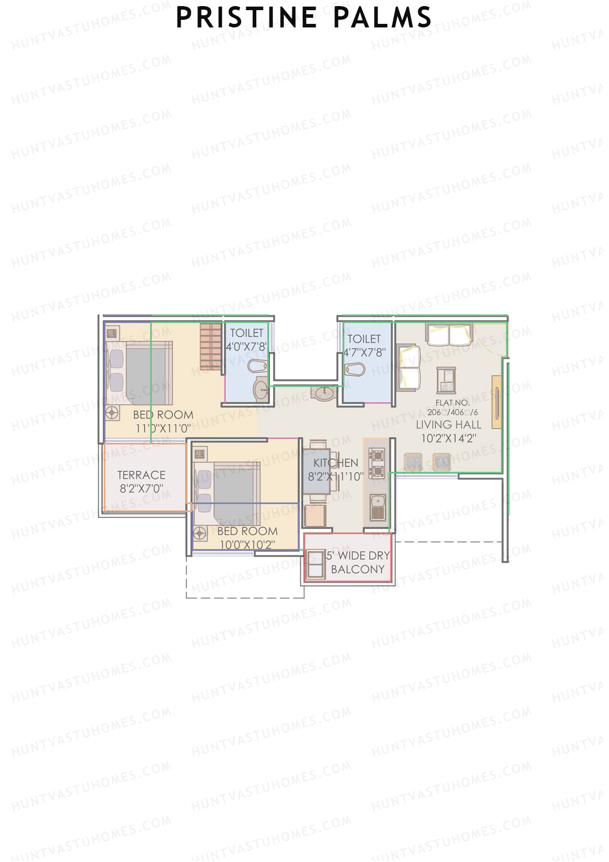 Pristine Palms, Block A, Unit 6, 2BHK, Carpet Area 488   sq ft 