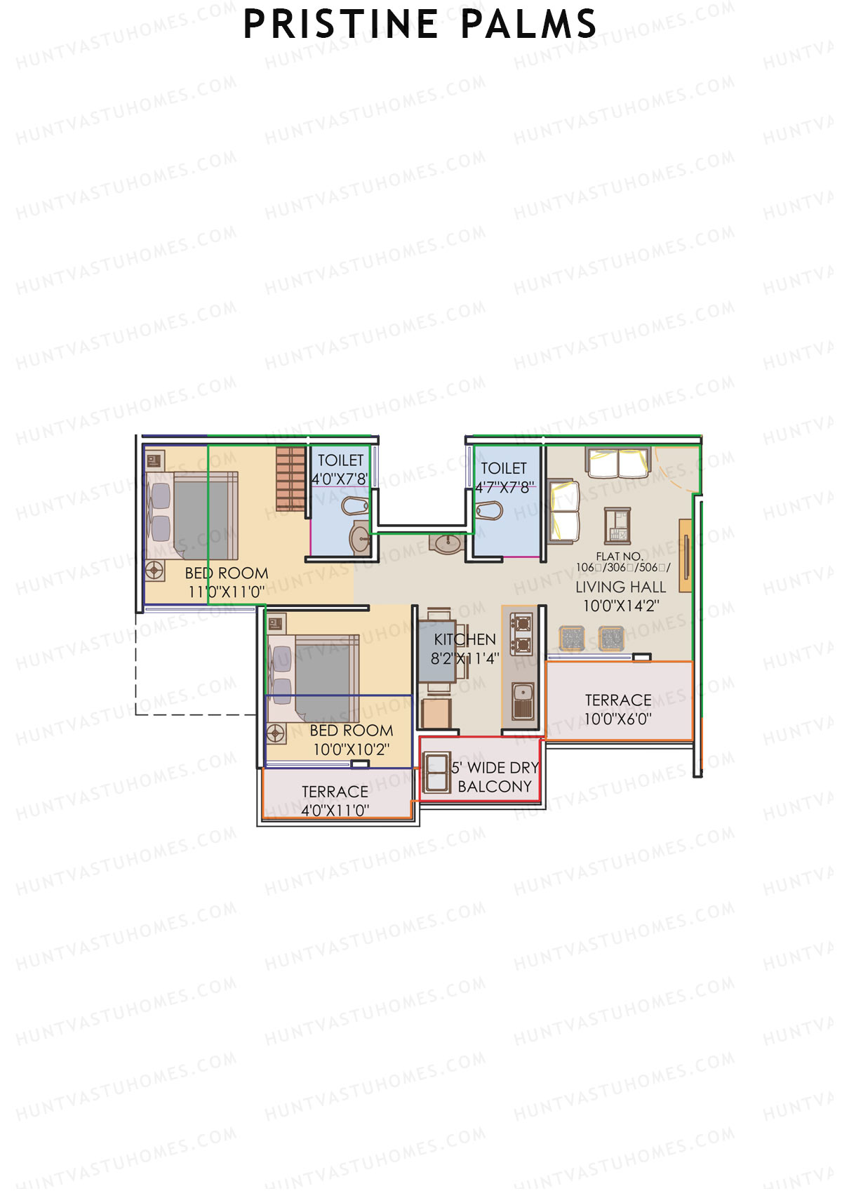 Pristine Palms, Block A, Unit 6, 2BHK, Carpet Area 492   sq ft 