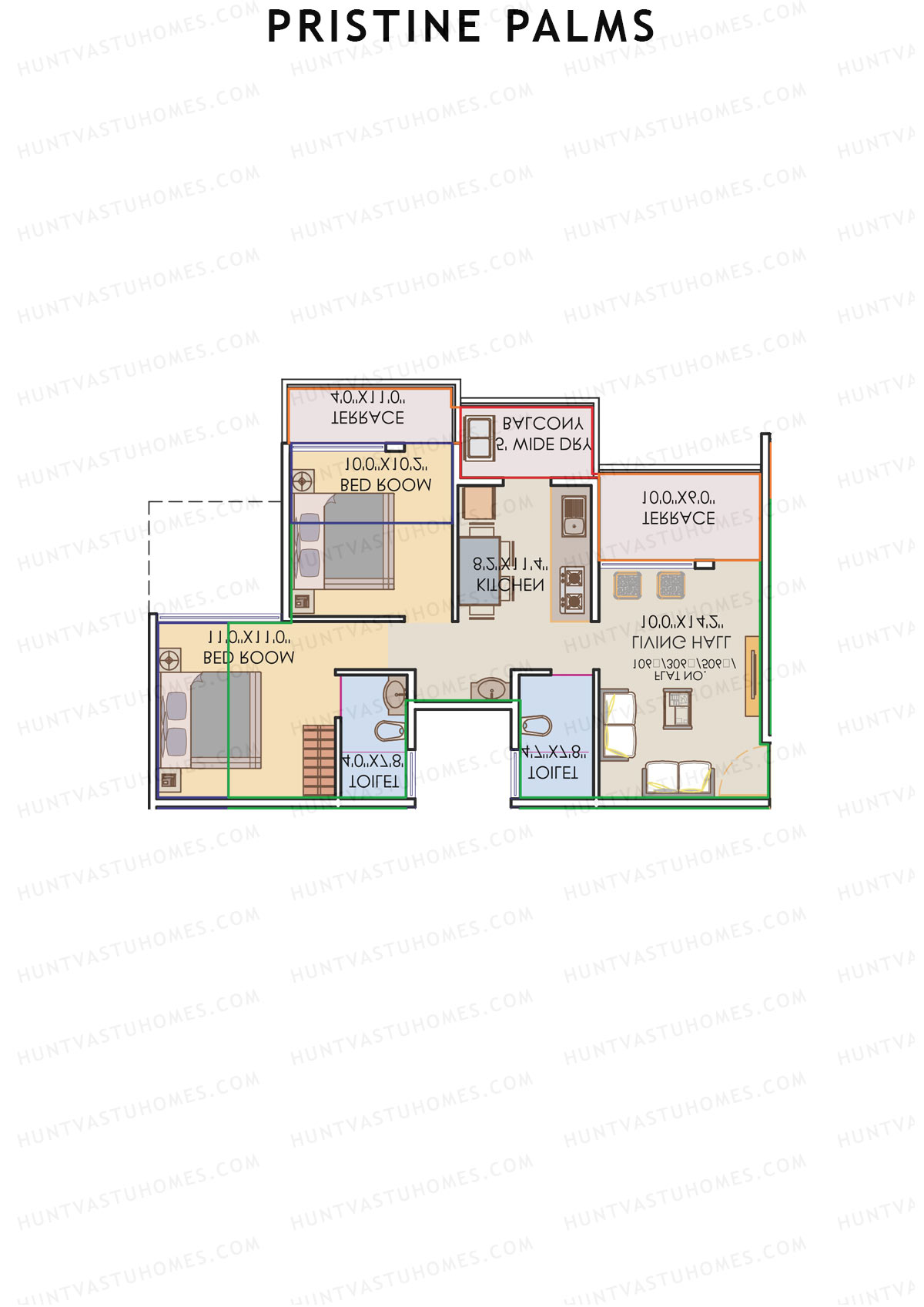 Pristine Palms, Block A, Unit 7, 2BHK, Carpet Area 492   sq ft 