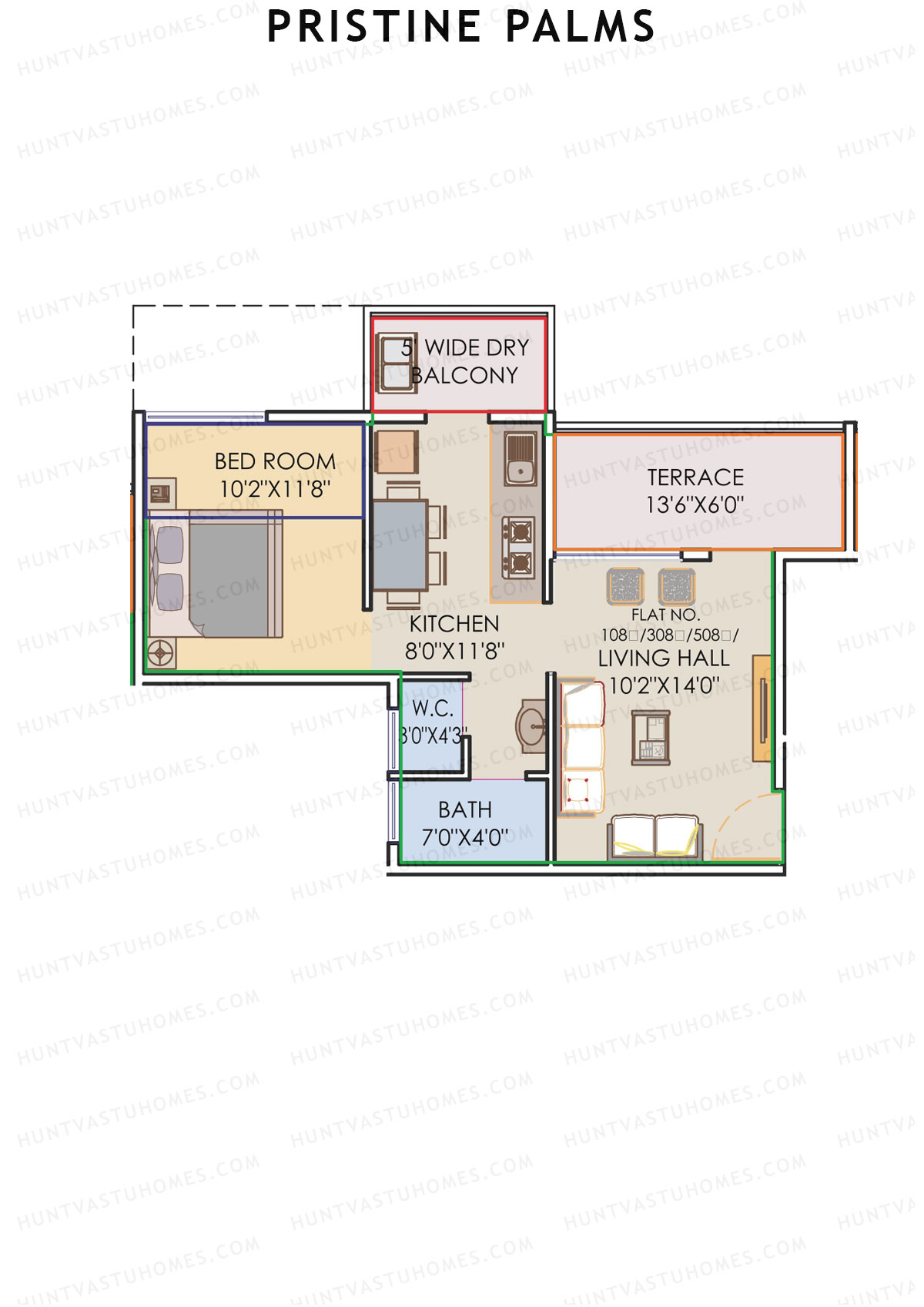 Pristine Palms, Block A, Unit 8, 1BHK, Carpet Area 389   sq ft 