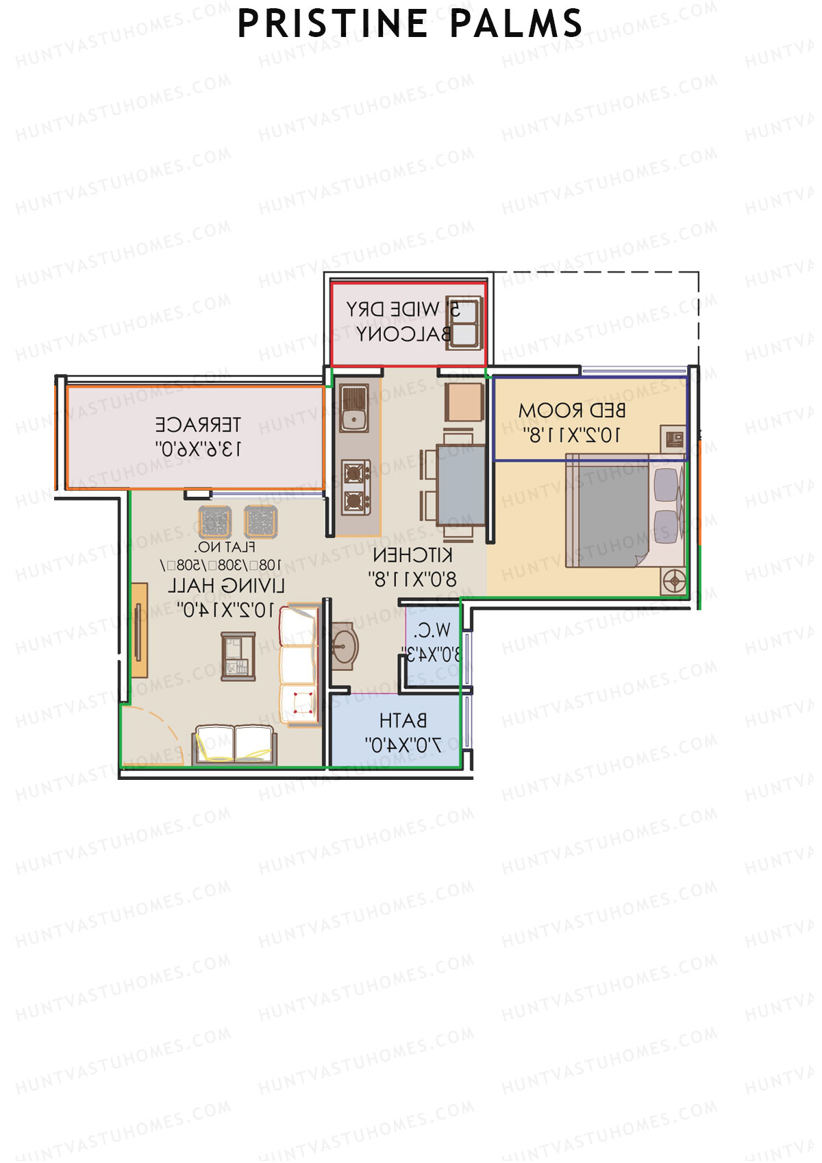 Pristine Palms, Block A, Unit 9, 1BHK, Carpet Area 389   sq ft 