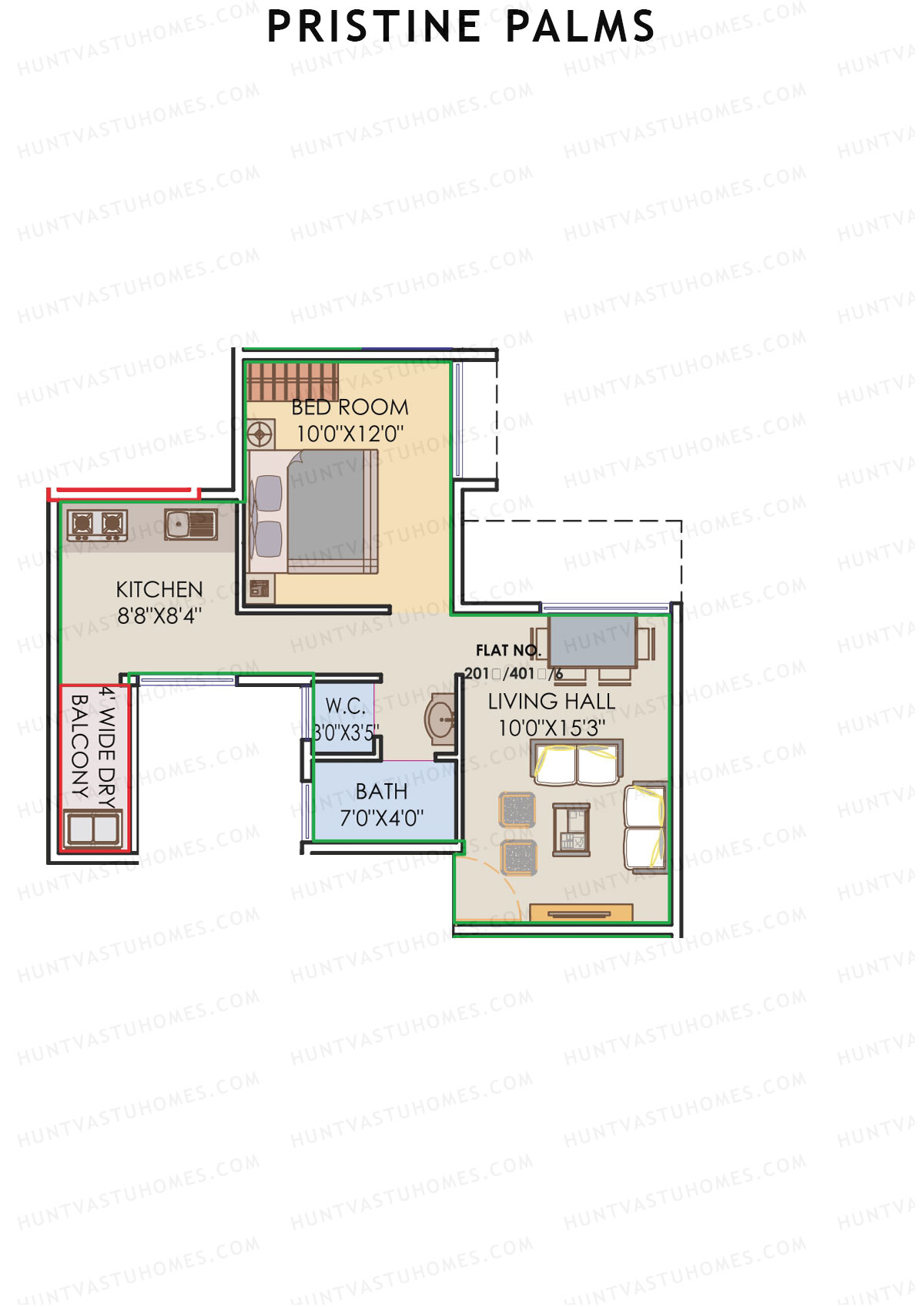 Pristine Palms, Block B, Unit 1, 1BHK, Carpet Area 428   sq ft 