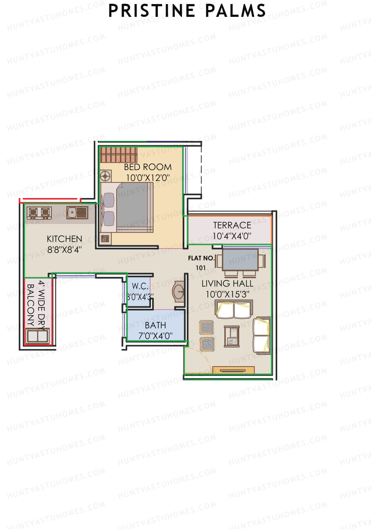 Pristine Palms, Block B, Unit 1, 1BHK, Carpet Area 436   sq ft 