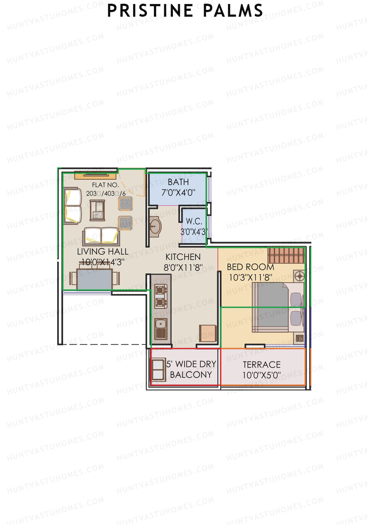 Pristine Palms, Block B, Unit 3, 1BHK, Carpet Area 377   sq ft 