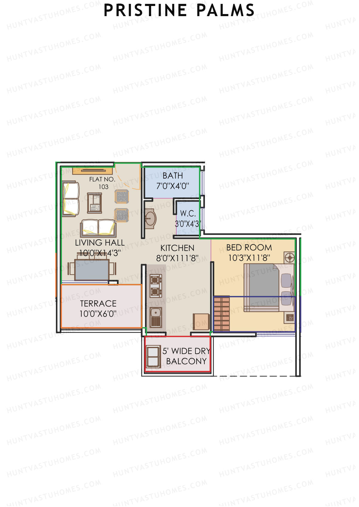 Pristine Palms, Block B, Unit 3, 1BHK, Carpet Area 386   sq ft 