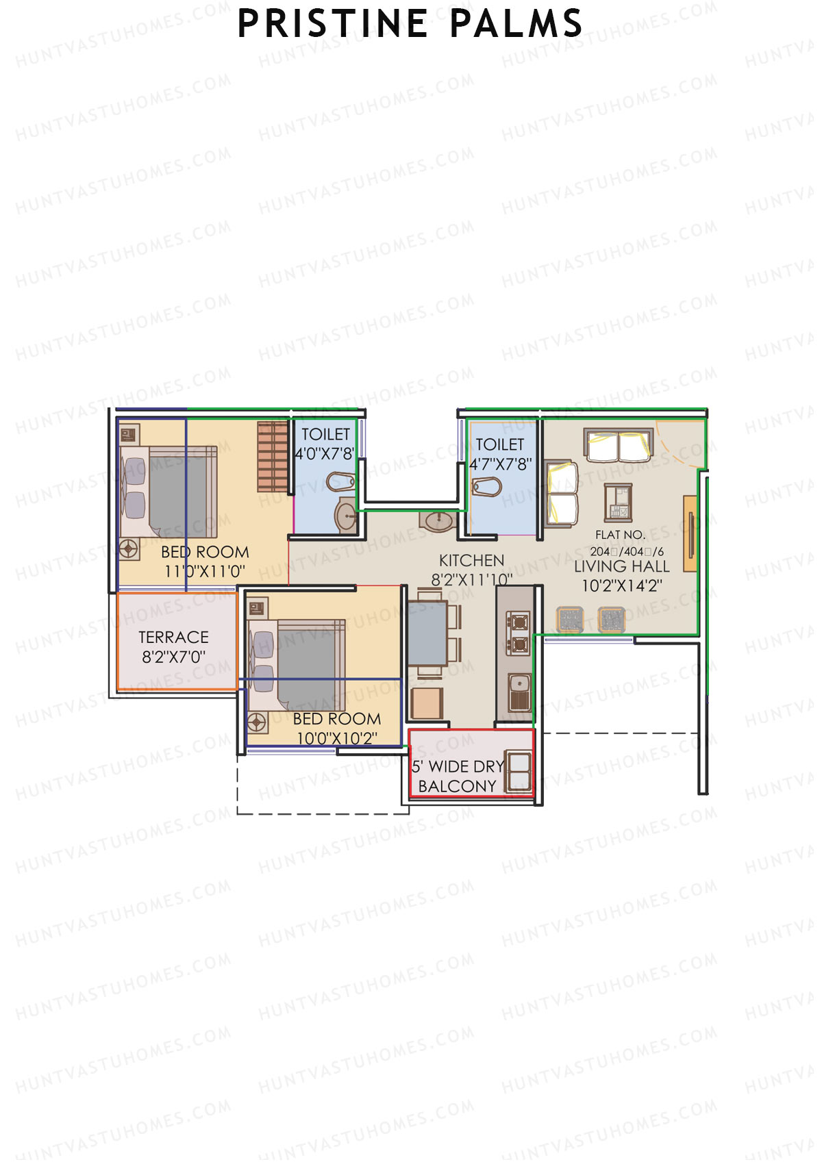 Pristine Palms, Block B, Unit 4, 2BHK, Carpet Area 492   sq ft 