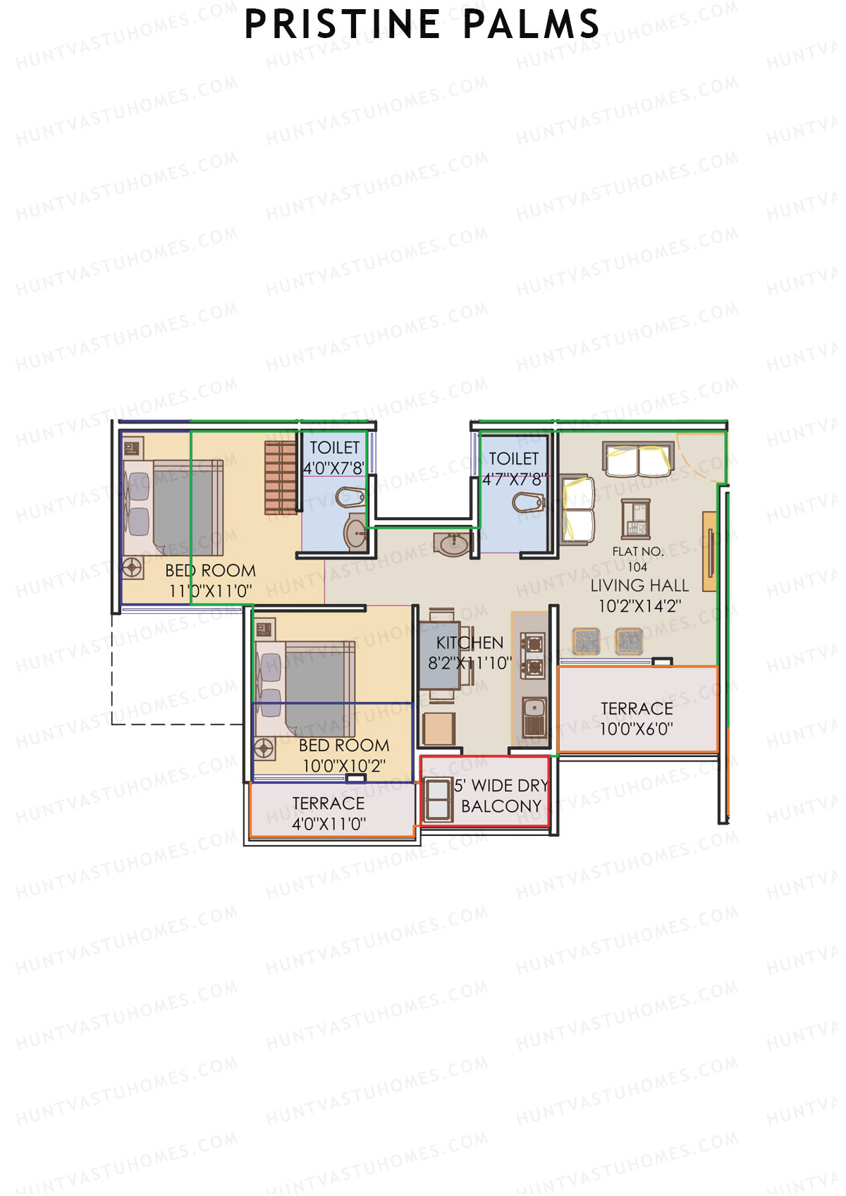 Pristine Palms, Block B, Unit 4, 2BHK, Carpet Area 496   sq ft 
