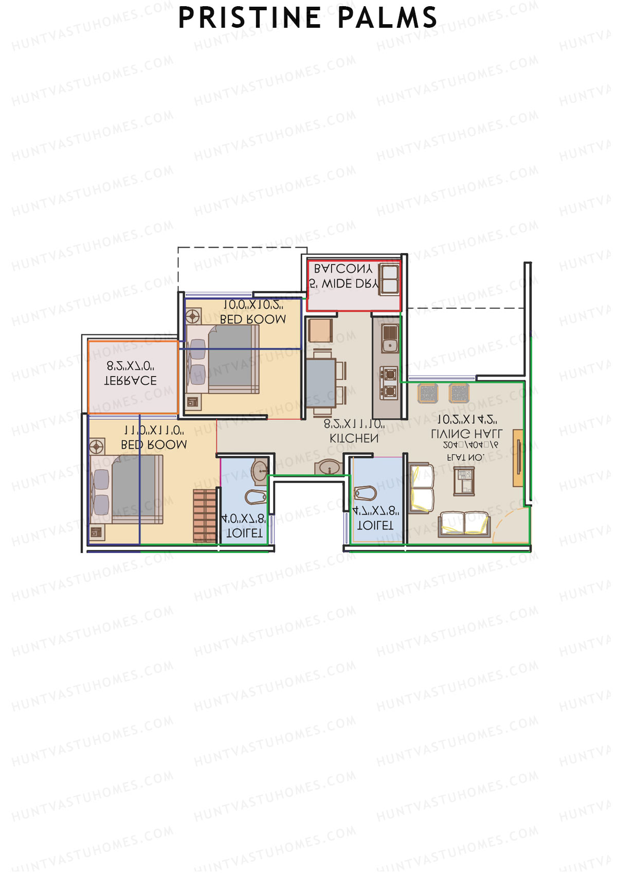 Pristine Palms, Block B, Unit 5, 2BHK, Carpet Area 492   sq ft 