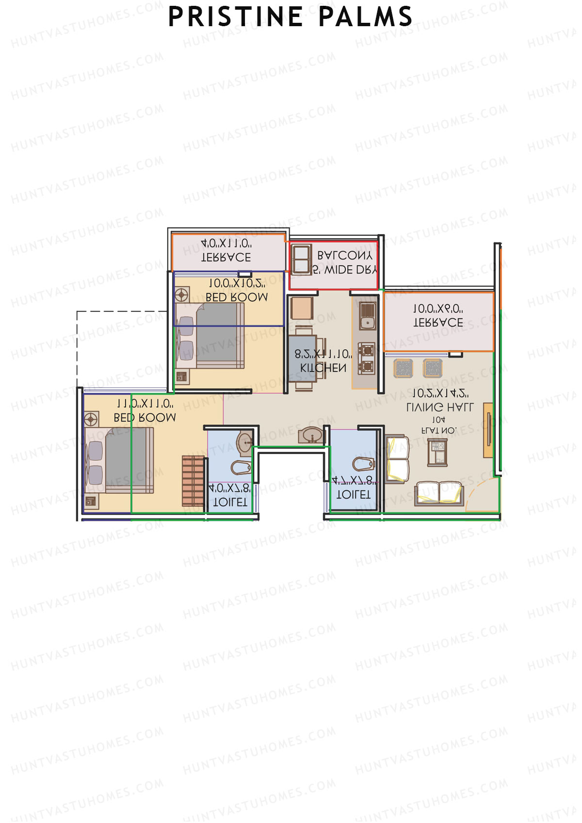 Pristine Palms, Block B, Unit 5, 2BHK, Carpet Area 496   sq ft 