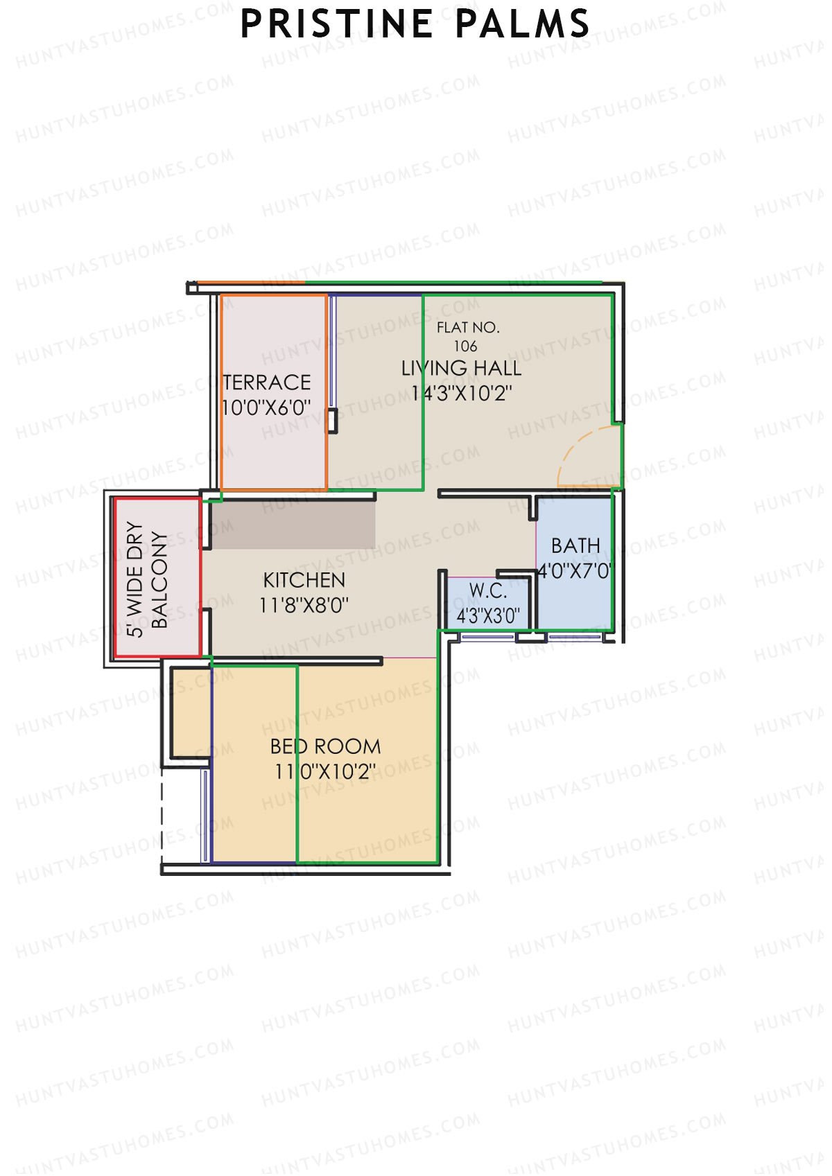 Pristine Palms, Block B, Unit 6, 1BHK, Carpet Area 338   sq ft 