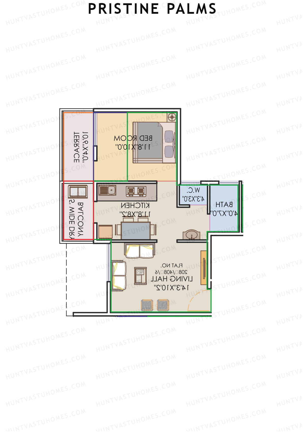 Pristine Palms, Block B, Unit 7, 1BHK, Carpet Area 385   sq ft 