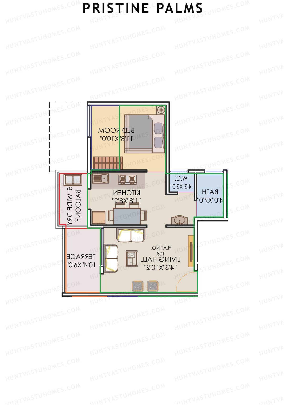Pristine Palms, Block B, Unit 7, 1BHK, Carpet Area 392   sq ft 