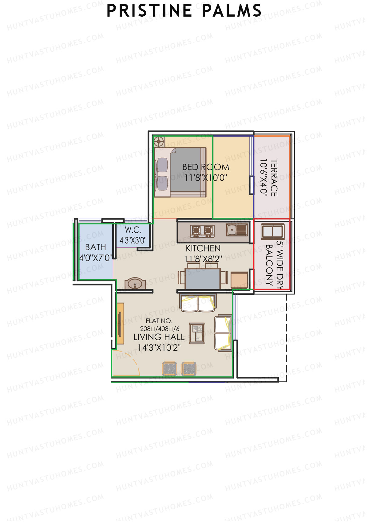 Pristine Palms, Block B, Unit 8, 1BHK, Carpet Area 385   sq ft 