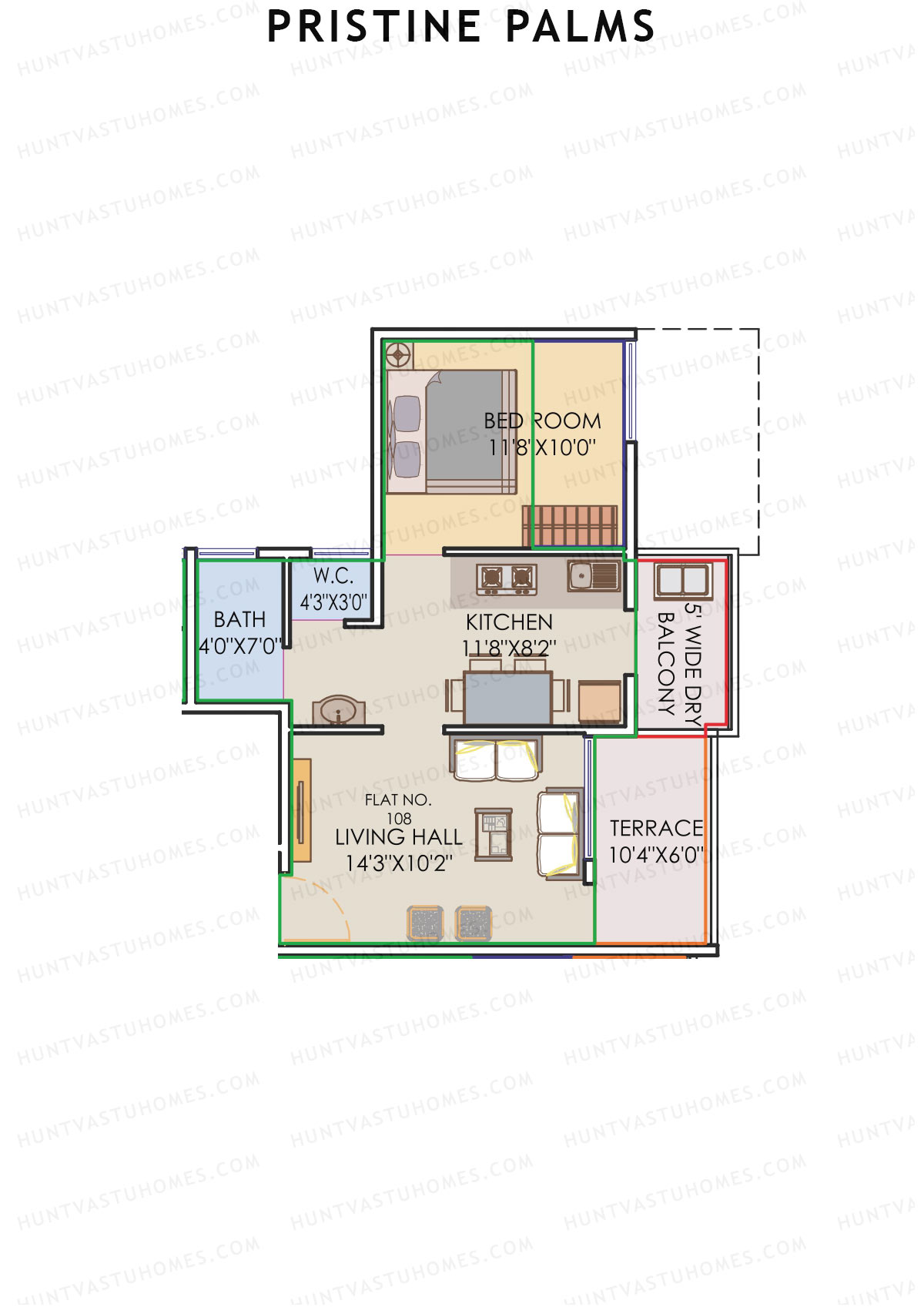 Pristine Palms, Block B, Unit 8, 1BHK, Carpet Area 392   sq ft 