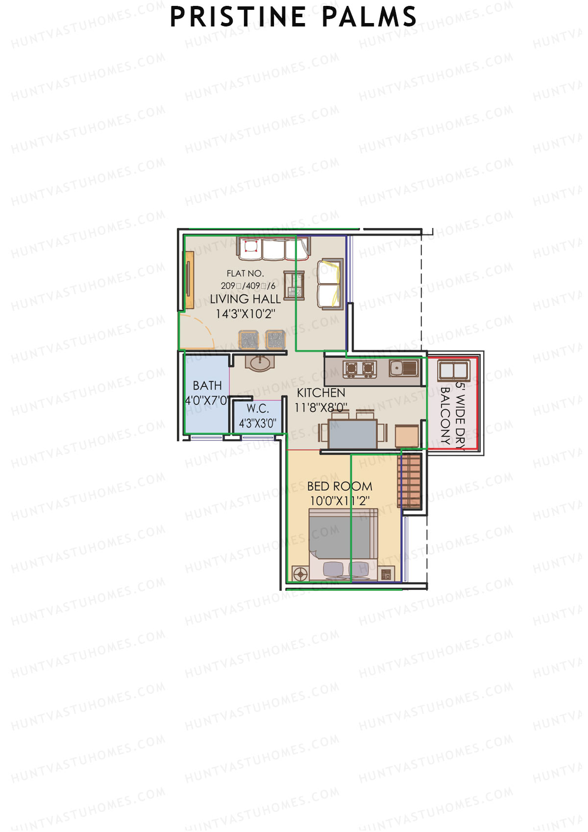 Pristine Palms, Block B, Unit 9, 1BHK, Carpet Area 323   sq ft 