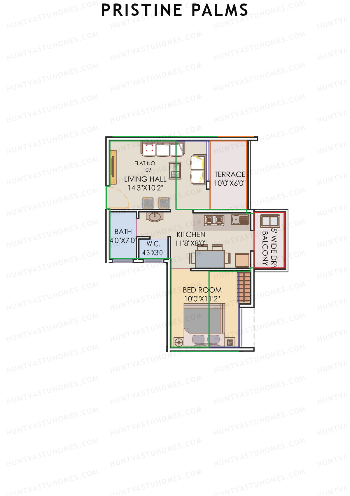 Pristine Palms, Block B, Unit 9, 1BHK, Carpet Area 327   sq ft 