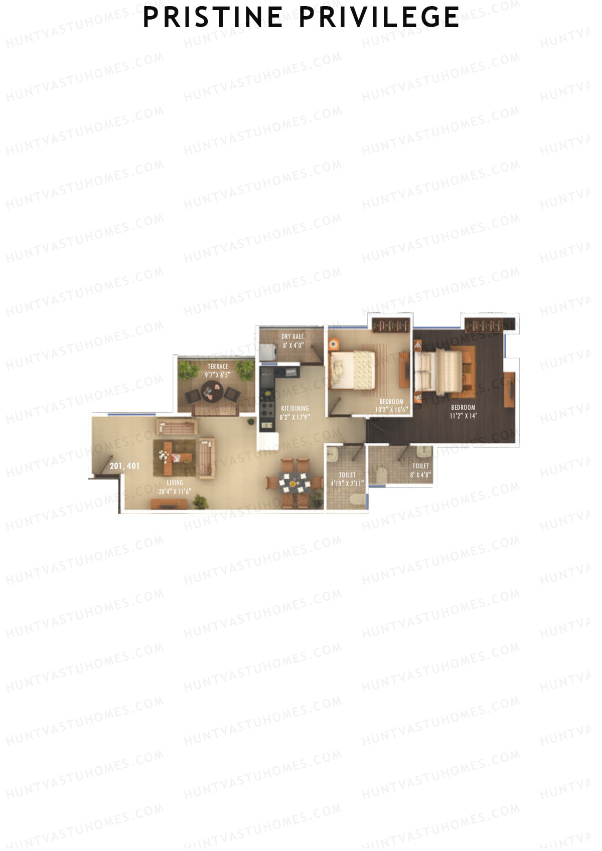 Pristine Privilege, Wing A, Unit 1, 2BHK, Carpet Area 801   sq ft 