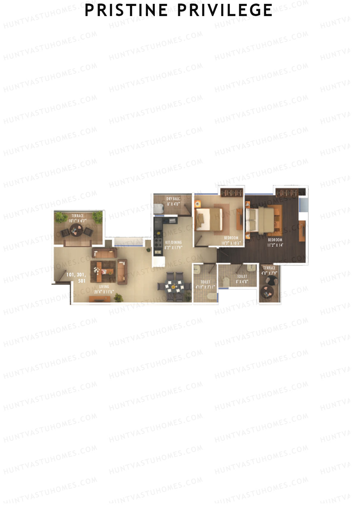 Pristine Privilege, Wing A, Unit 1, 2BHK, Carpet Area 807   sq ft 