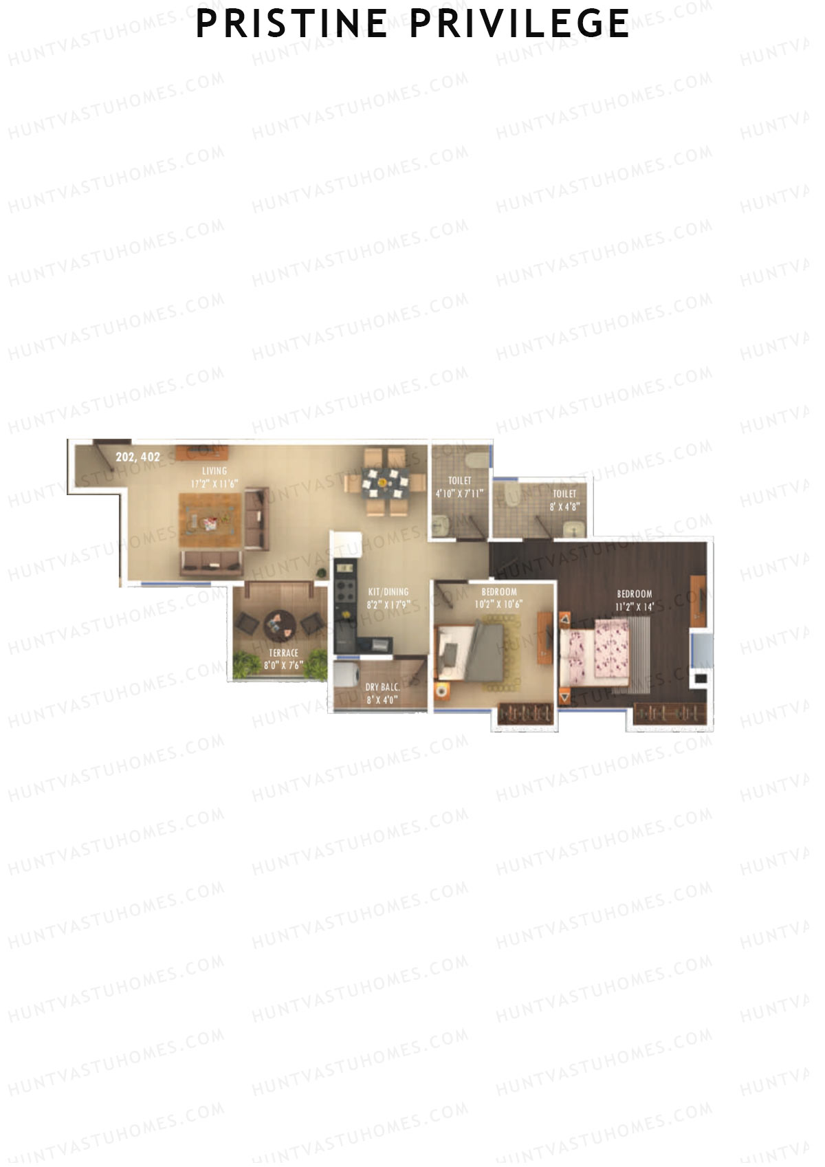 Pristine Privilege, Wing A, Unit 2, 2BHK, Carpet Area 799   sq ft 