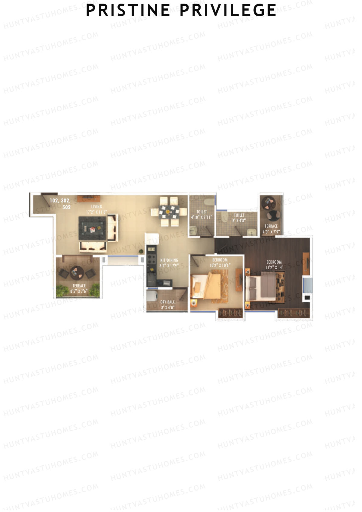 Pristine Privilege, Wing A, Unit 2, 2BHK, Carpet Area 801   sq ft 