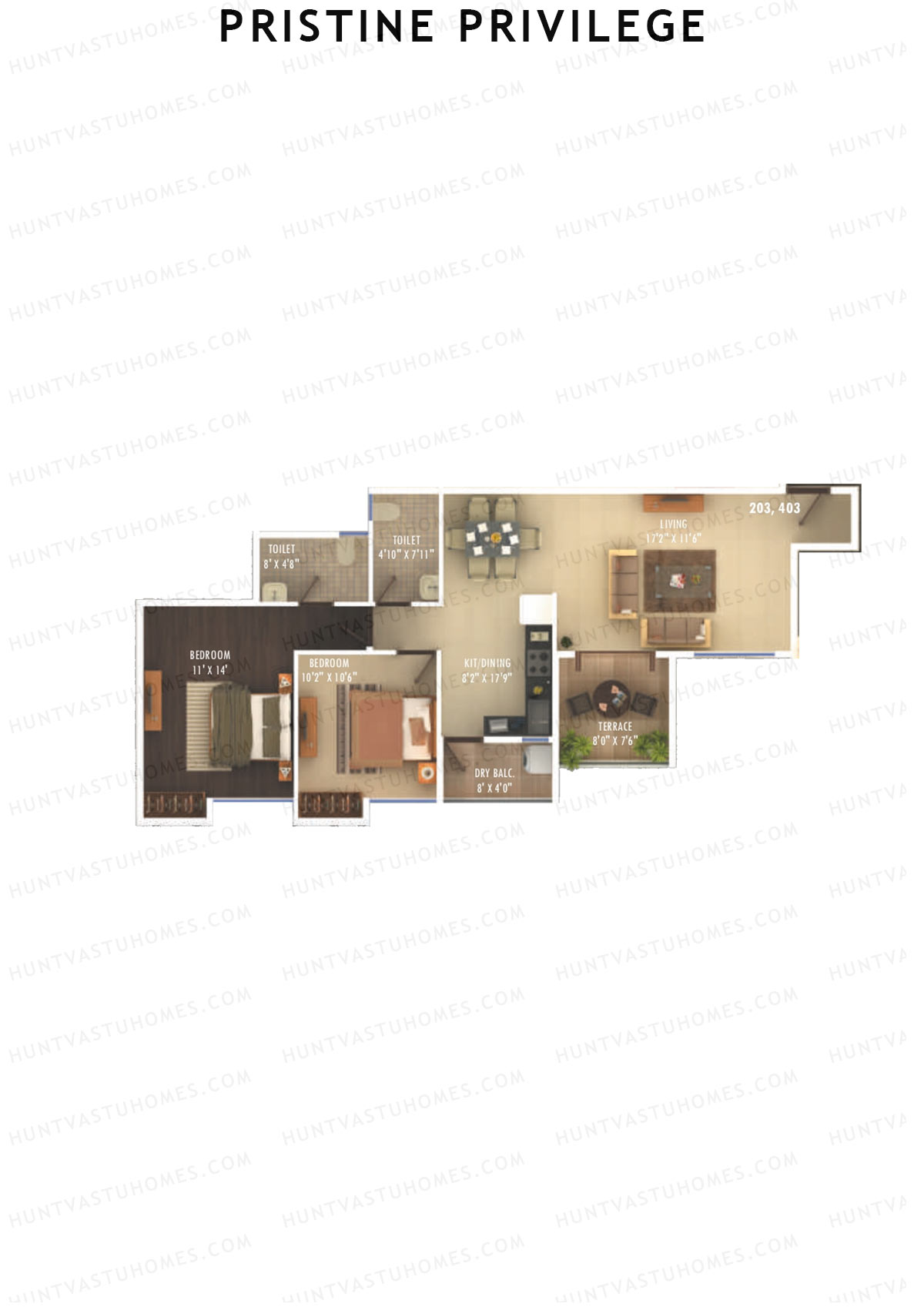 Pristine Privilege, Wing A, Unit 3, 2BHK, Carpet Area 782   sq ft 