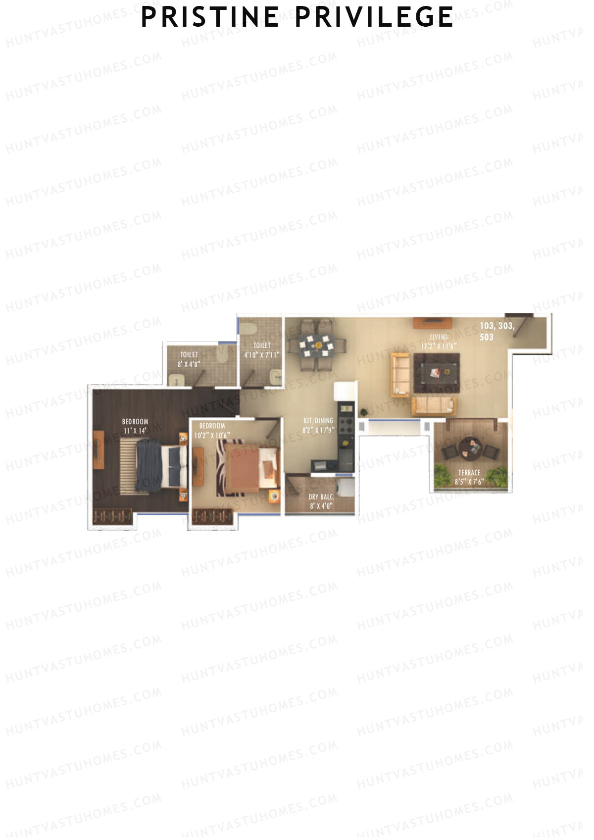 Pristine Privilege, Wing A, Unit 3, 2BHK, Carpet Area 782   sq ft 