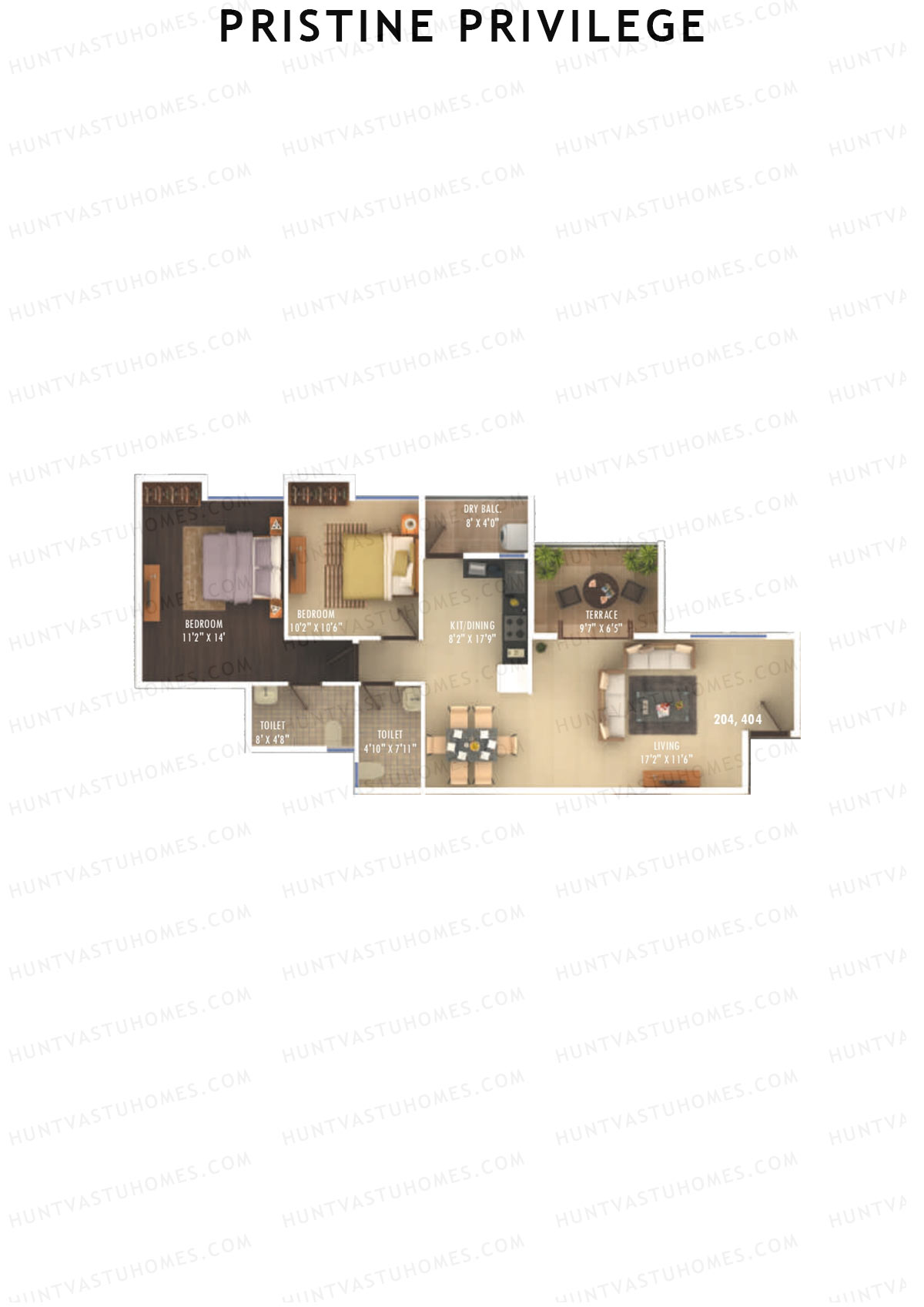 Pristine Privilege, Wing A, Unit 4, 2BHK, Carpet Area 786   sq ft 