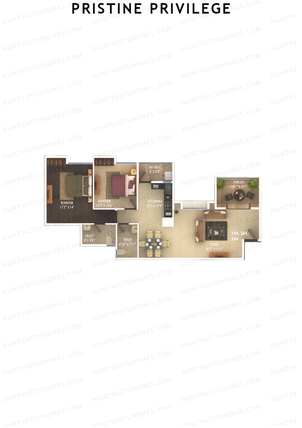 Pristine Privilege, Wing A, Unit 4, 2BHK, Carpet Area 790   sq ft 