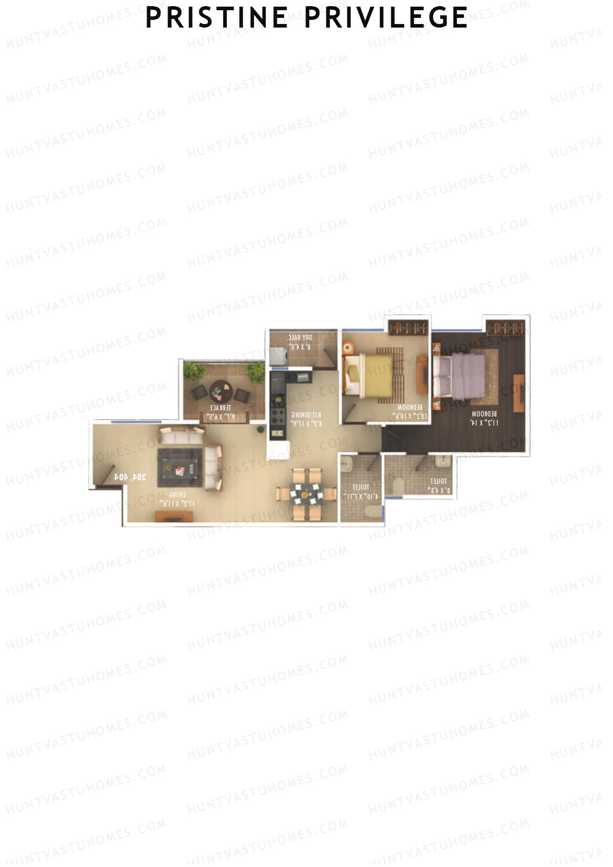 Pristine Privilege, Wing B, Unit 1, 2BHK, Carpet Area 786   sq ft 