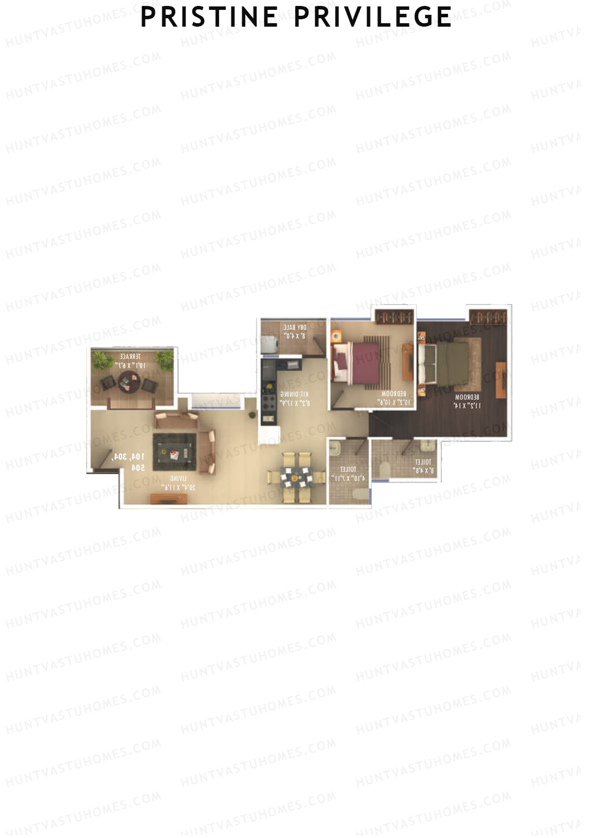 Pristine Privilege, Wing B, Unit 1, 2BHK, Carpet Area 790   sq ft 