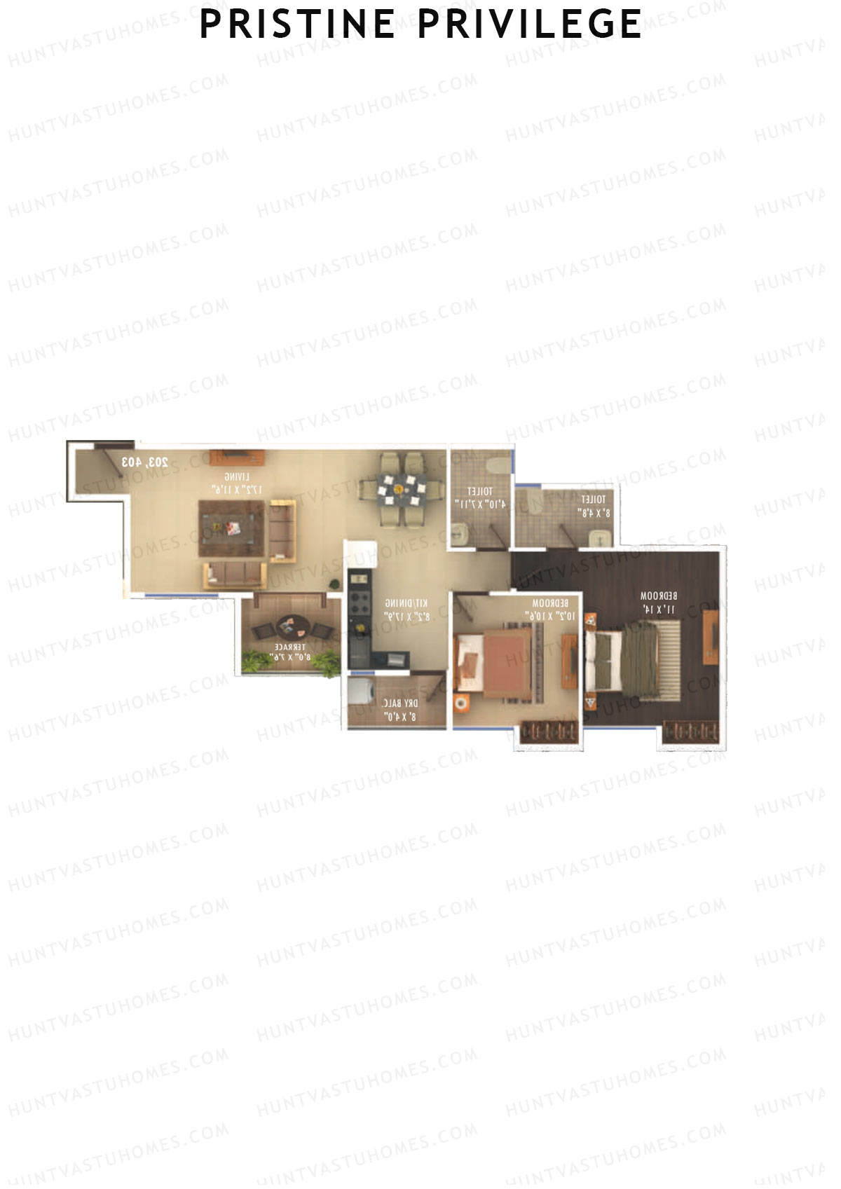 Pristine Privilege, Wing B, Unit 2, 2BHK, Carpet Area 782   sq ft 