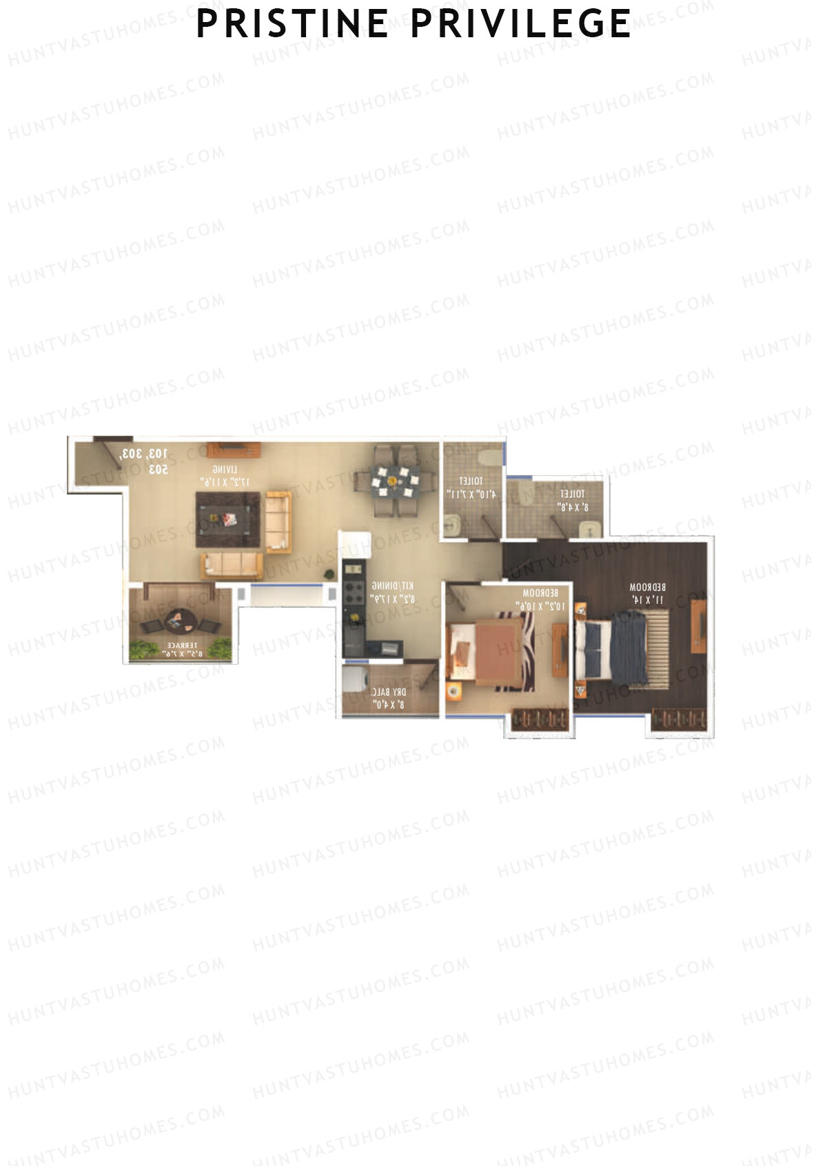 Pristine Privilege, Wing B, Unit 2, 2BHK, Carpet Area 782   sq ft 