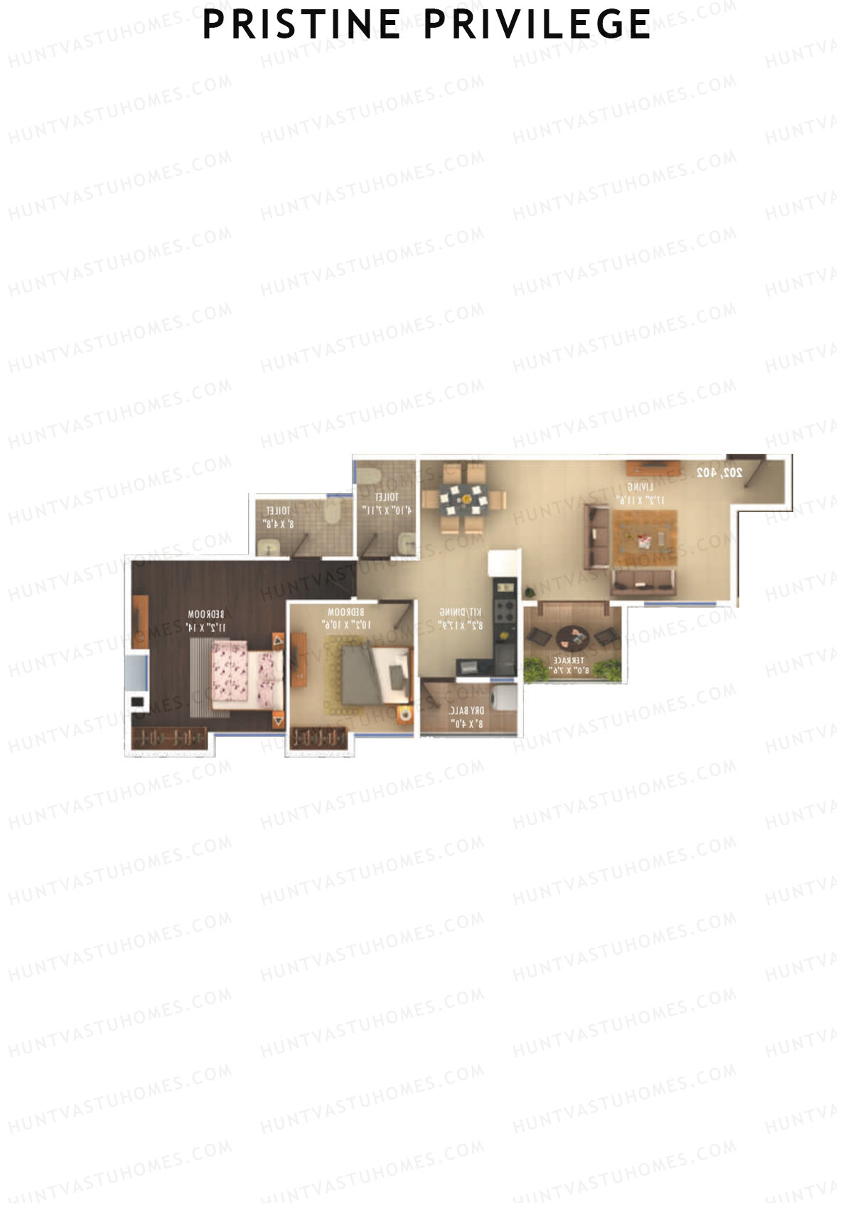 Pristine Privilege, Wing B, Unit 3, 2BHK, Carpet Area 799   sq ft 