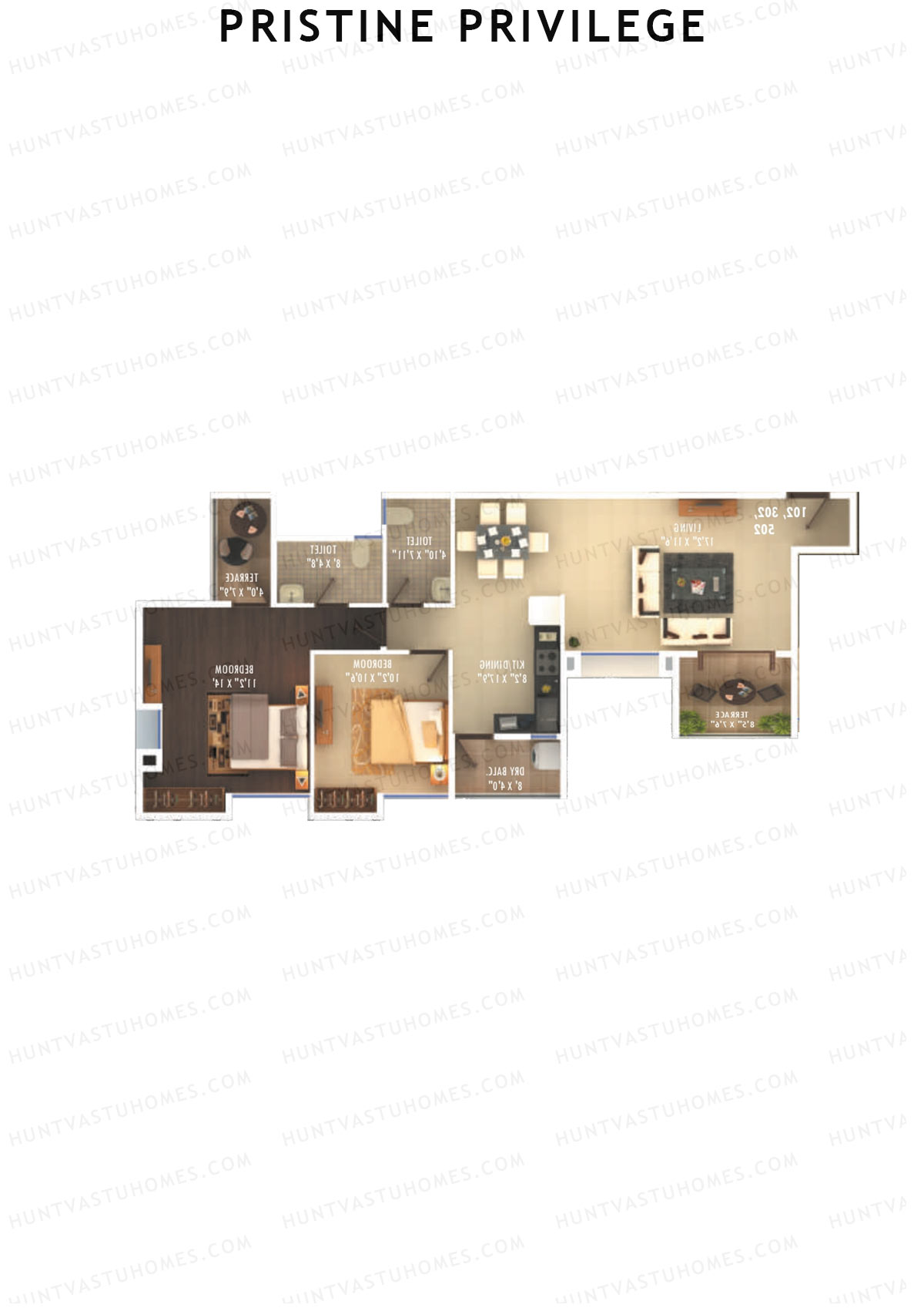 Pristine Privilege, Wing B, Unit 3, 2BHK, Carpet Area 801   sq ft 