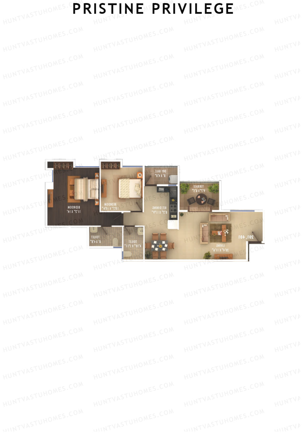 Pristine Privilege, Wing B, Unit 4, 2BHK, Carpet Area 801   sq ft 