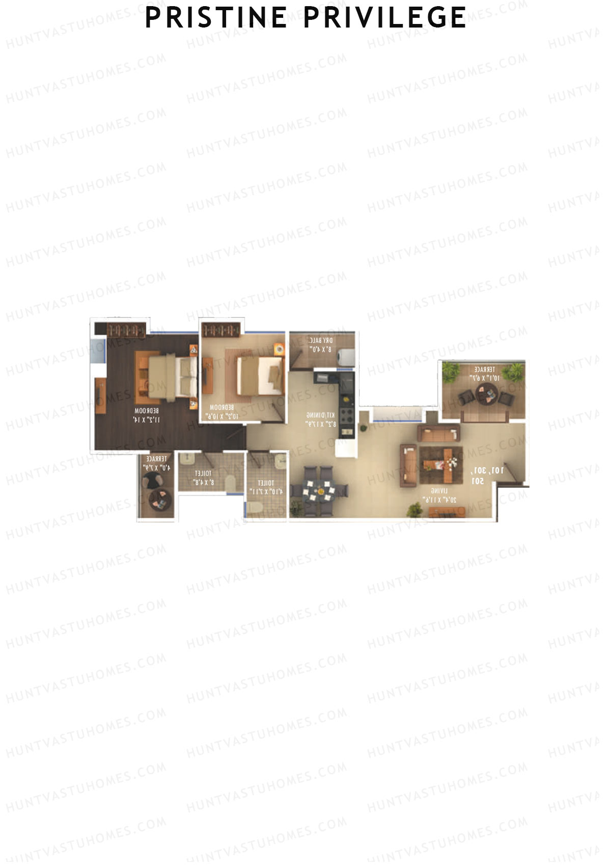 Pristine Privilege, Wing B, Unit 4, 2BHK, Carpet Area 807   sq ft 