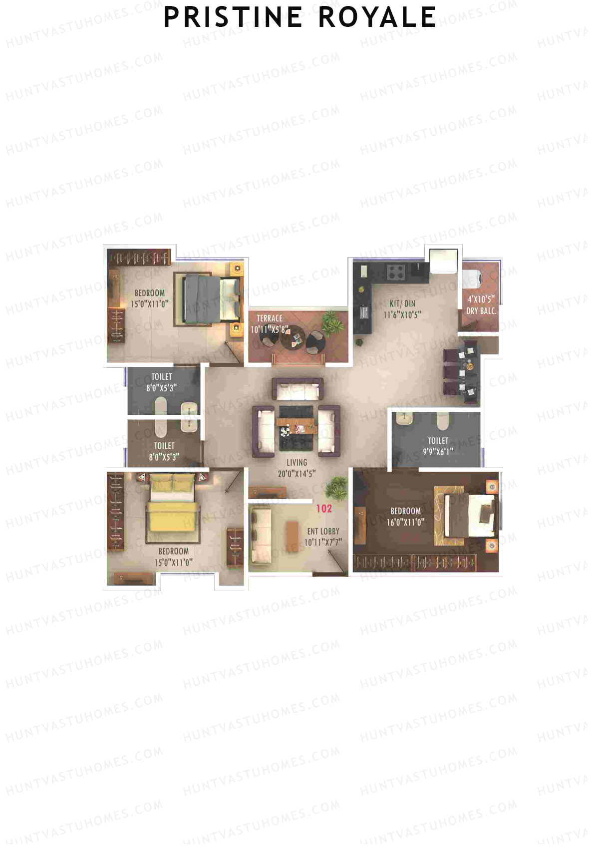 Pristine Royale, Wing C1, Unit 2, 3BHK, Carpet Area 1250   sq ft 